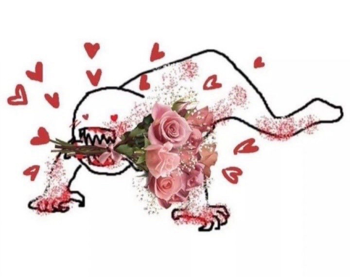 Doodle of person covered in blood splatter with hands, and feet on floor like a dog. They have a bouquet of flowers in their mouth filled with sharp teeth, heart, eyes and hearts scattered around