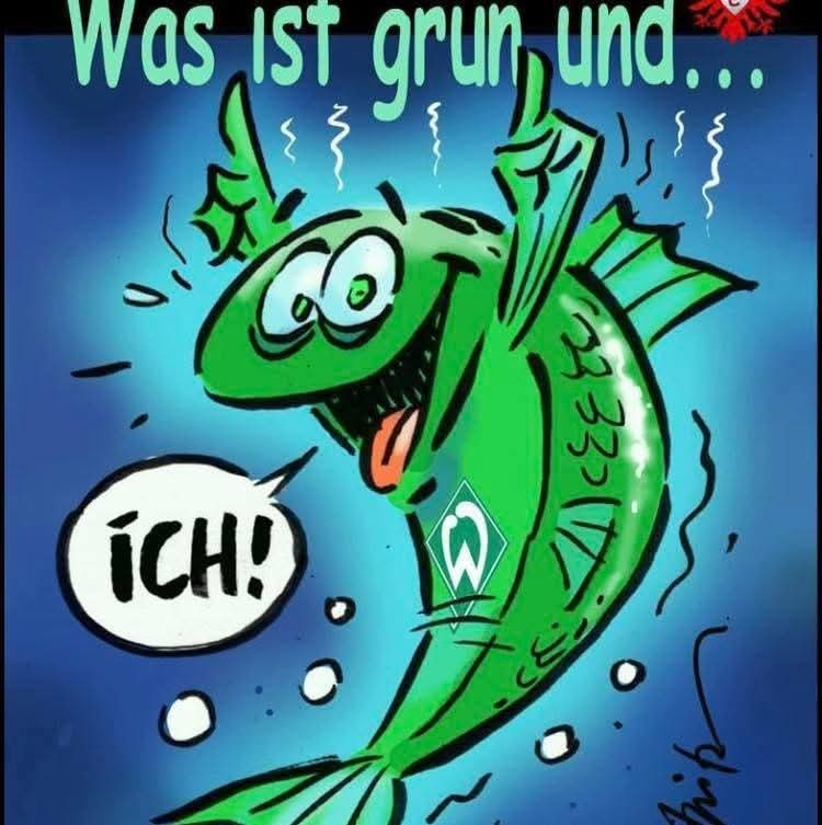 Das Bild zeigt eine grüne, lächelnde Zeichentrickfigur, die wie ein Fisch aussieht. Die Figur hat große Augen und eine heraushängende Zunge und wirkt sehr fröhlich. Sie streckt ihre Flossen in die Luft und hält einen Daumen nach oben. Auf ihrer Brust ist das grüne Rauten-Logo des deutschen Fußballvereins Werder Bremen zu sehen.
Über der Figur steht in Großbuchstaben der Satz "Was ist grün und..." (Was ist grün und...). Der Fisch selbst ruft in einer Sprechblase "ICH!" (ICH!). Das Bild ist im Stil einer Karikatur gehalten.

