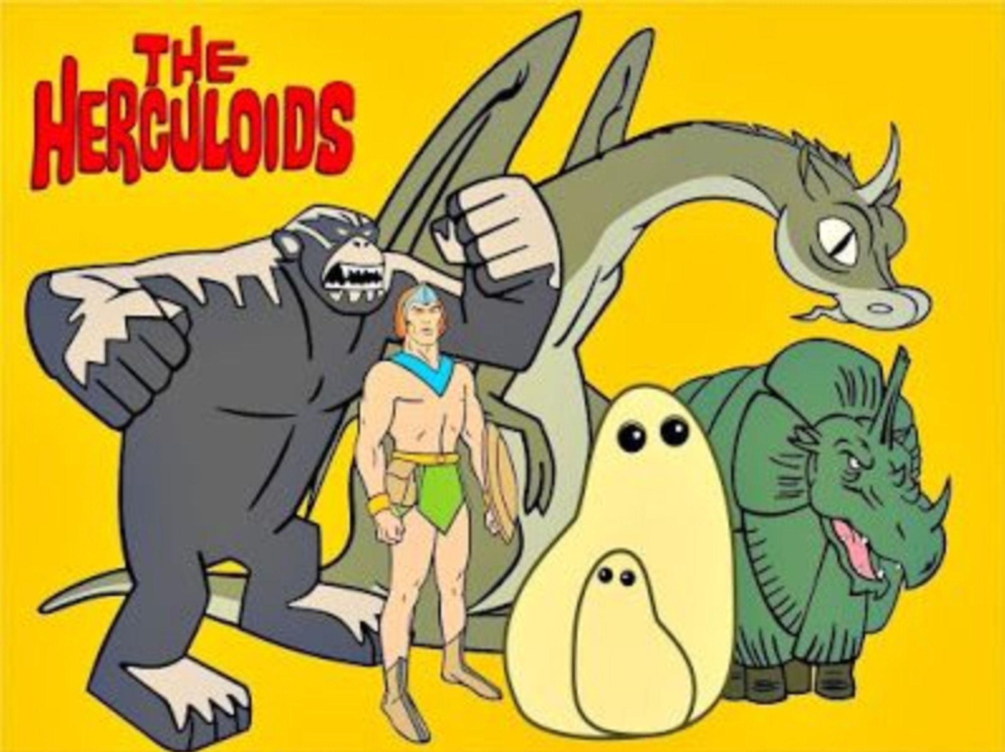 Cartoon from late 60s & 70s, The Herculoids. Shown here: Igu the Rock Ape, Zork the flying dragon thing, Daddy Herculoid who is a red-headed man with a page-boy haircut and a futuristic loincloth, Gleep & Gloop who are one larger and one smaller blob of white with black eyes, and a dinosaur creature that looks sort of like a stegosaurus (it can shoot lava rocks out its horn.)