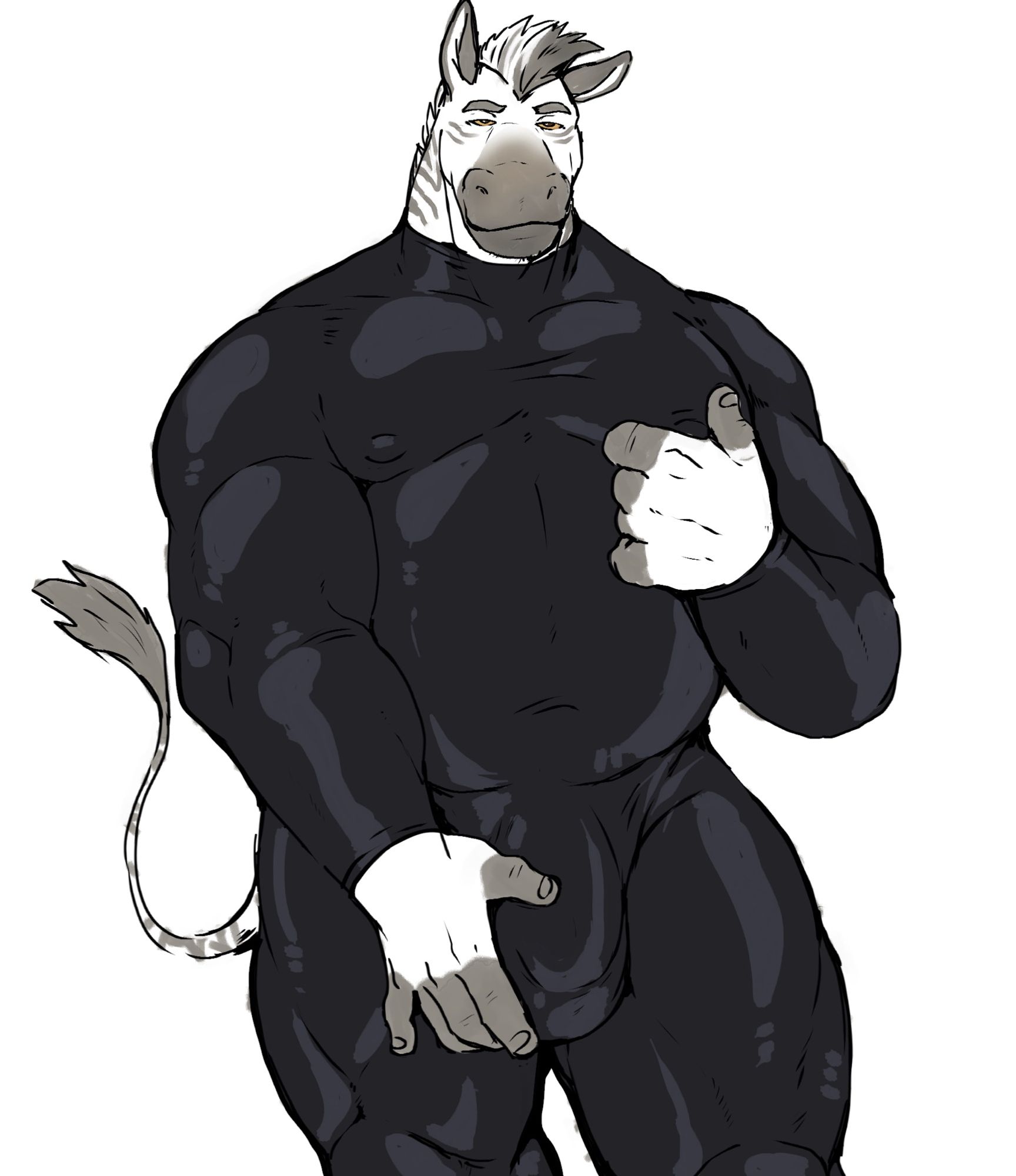 A large anthropomorphic zebra man in a latex bodysuit, teasing one nipple and rubbing his bulge