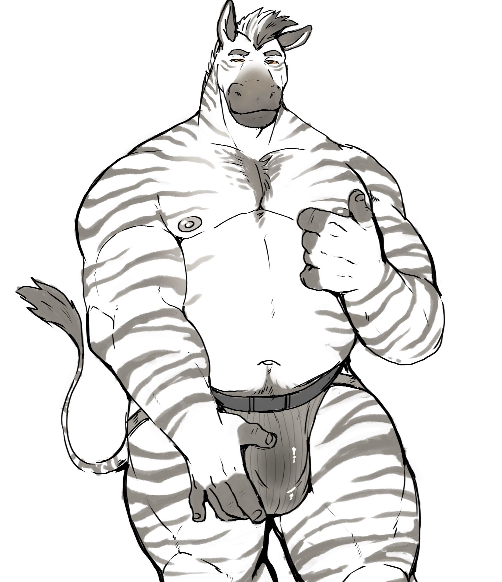 A large anthropomorphic zebra man in a jockstrap, teasing one nipple and rubbing his bulge