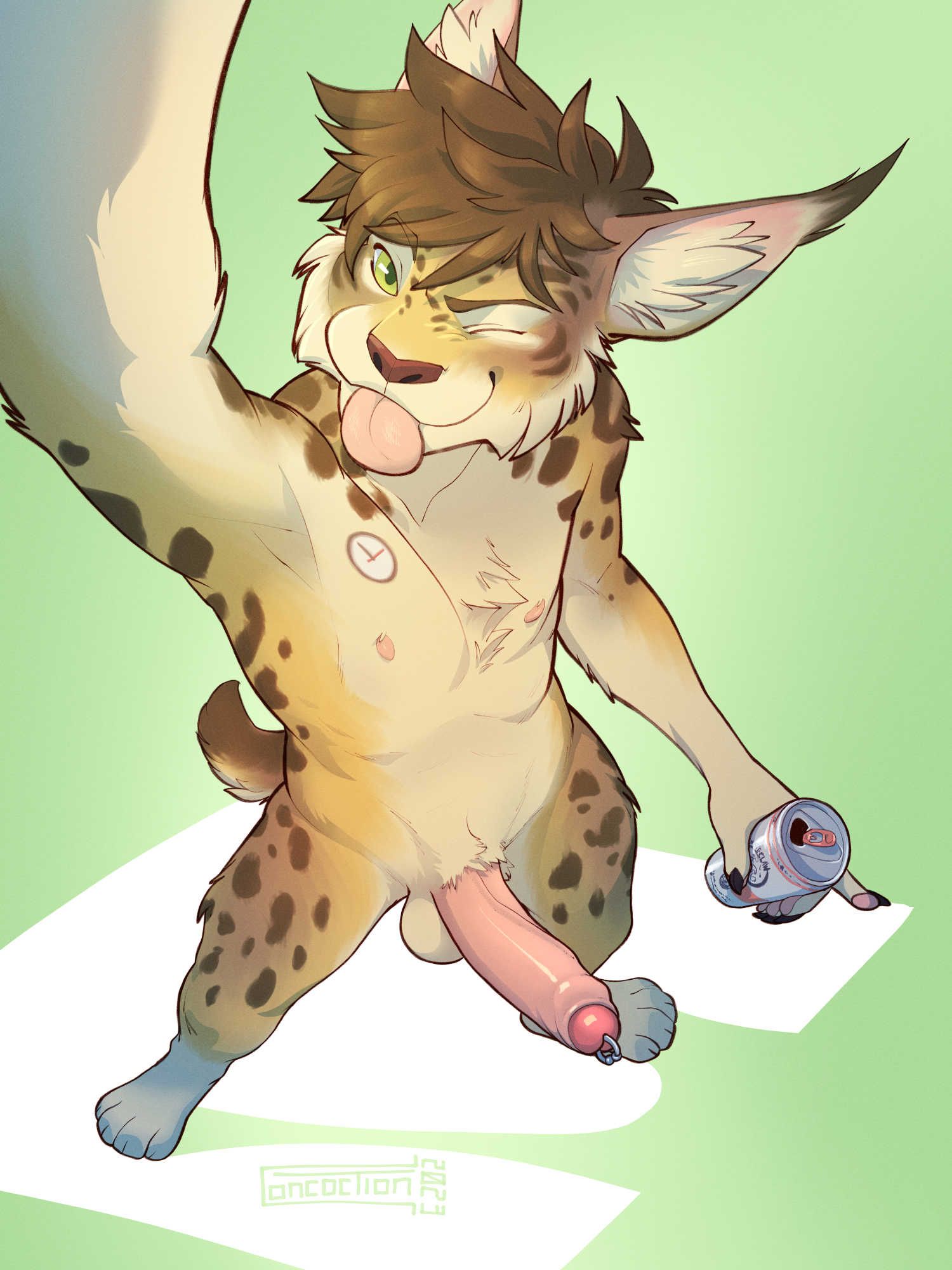 An anthropomorphic lynx taking a naked selfie. He’s winking and holding a can of White Claw. What a prankster