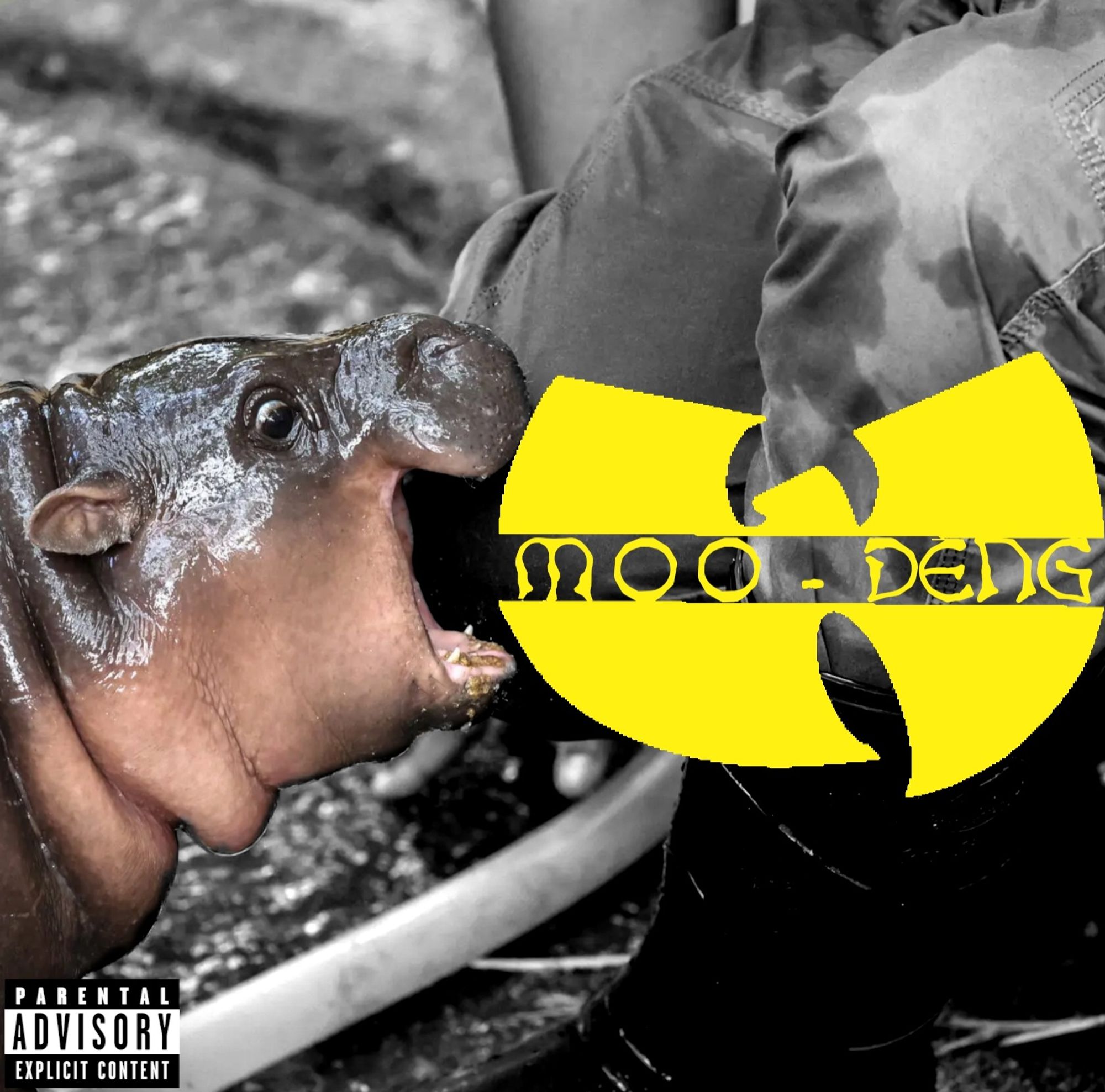 A black and white background featuring Moo Deng chomping at someone, an edited Wu Tang Clan logo and the parental advisory sticker.