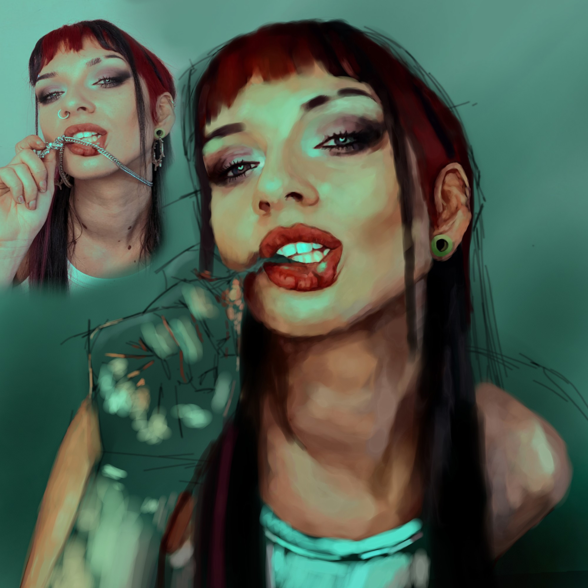 a WIP bit of digital art of Delilah Bon, showing the reference and the artwork.