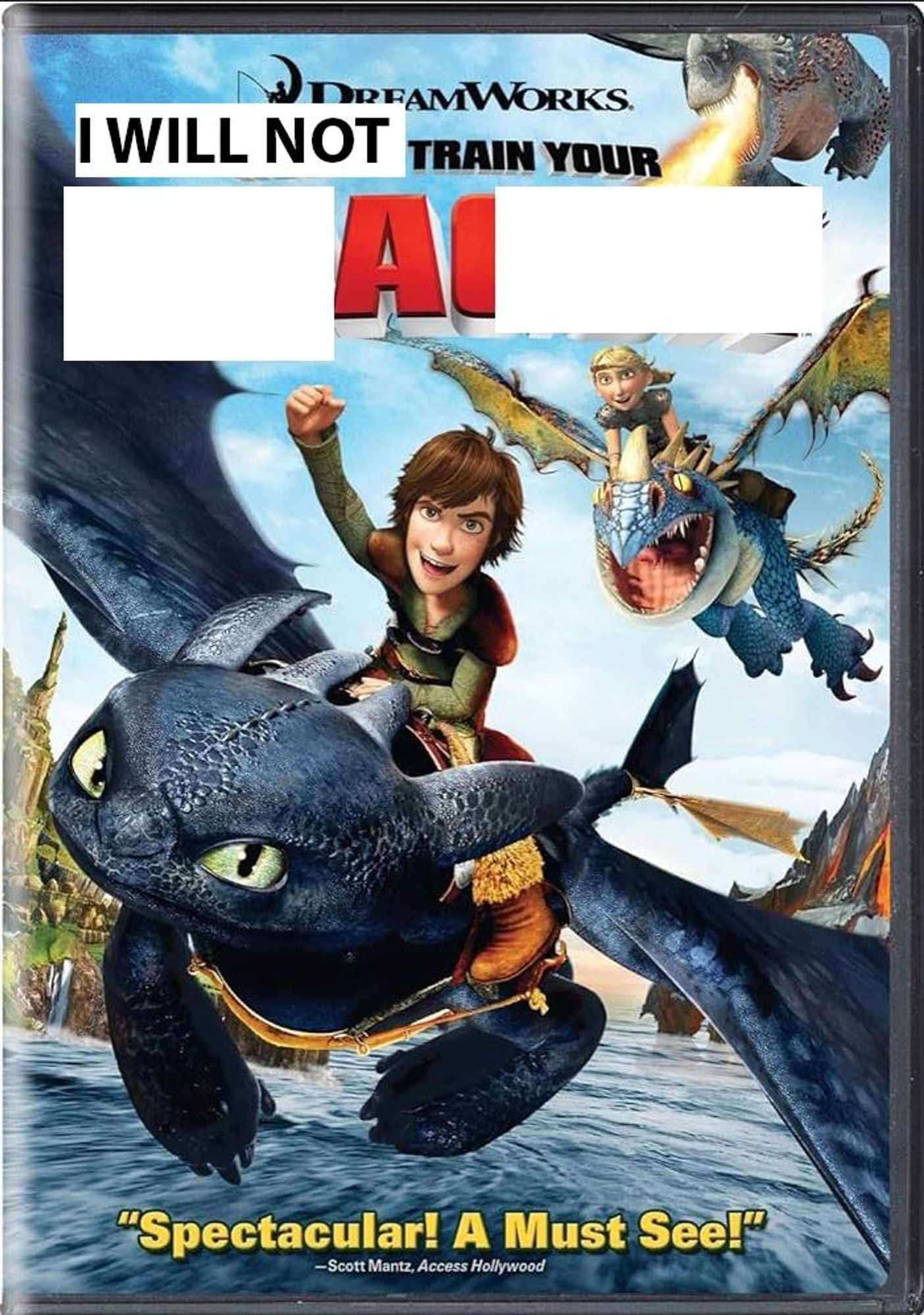 cover of the Dreamworks DVS "How to Train Your Dragon" but it's been badly photoshopped to read "I WILL NOT TRAIN YOUR AI"