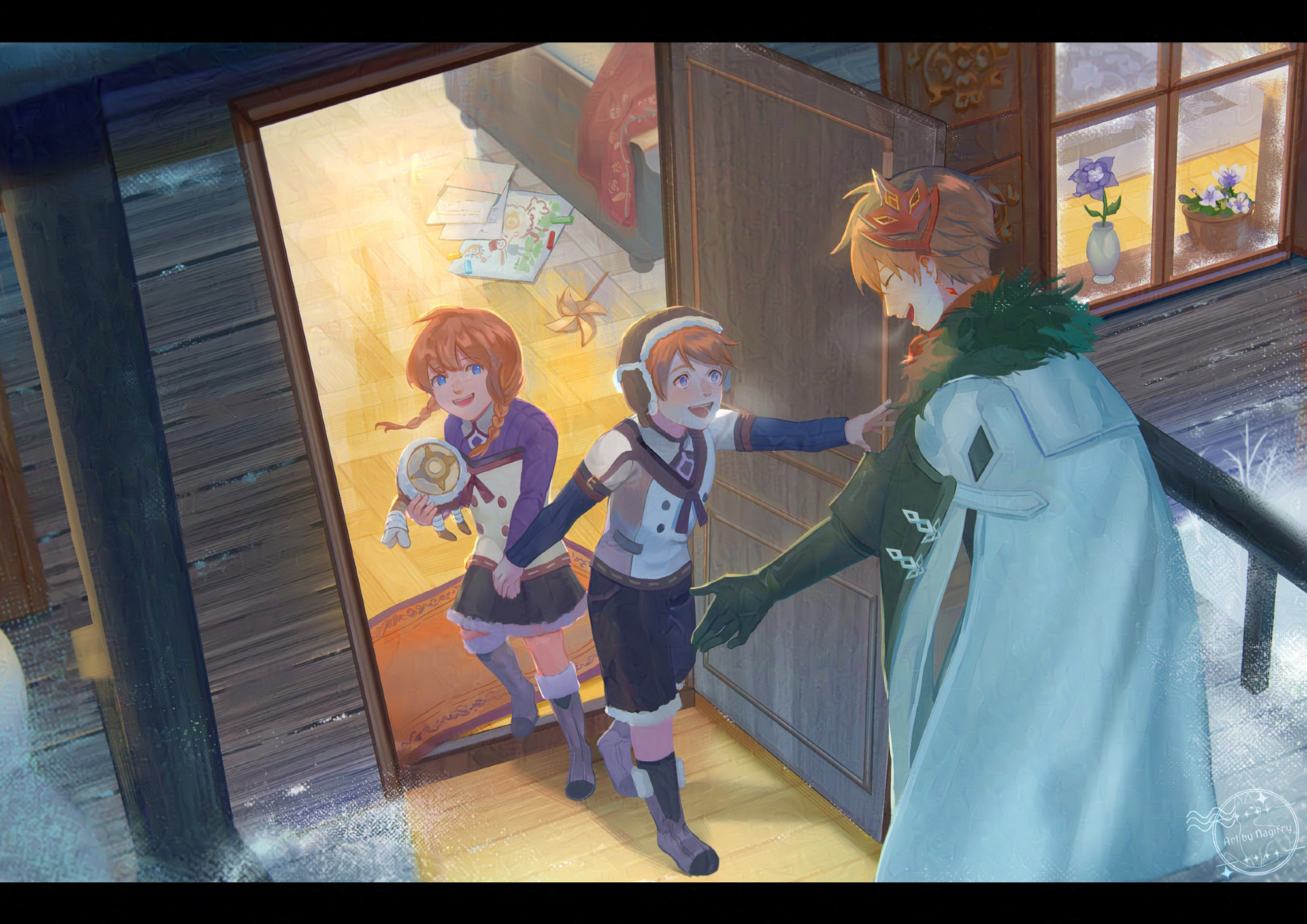 A picture of Childe coming home and his siblings, Teucer and Tonia, coming out of the house to greet him.