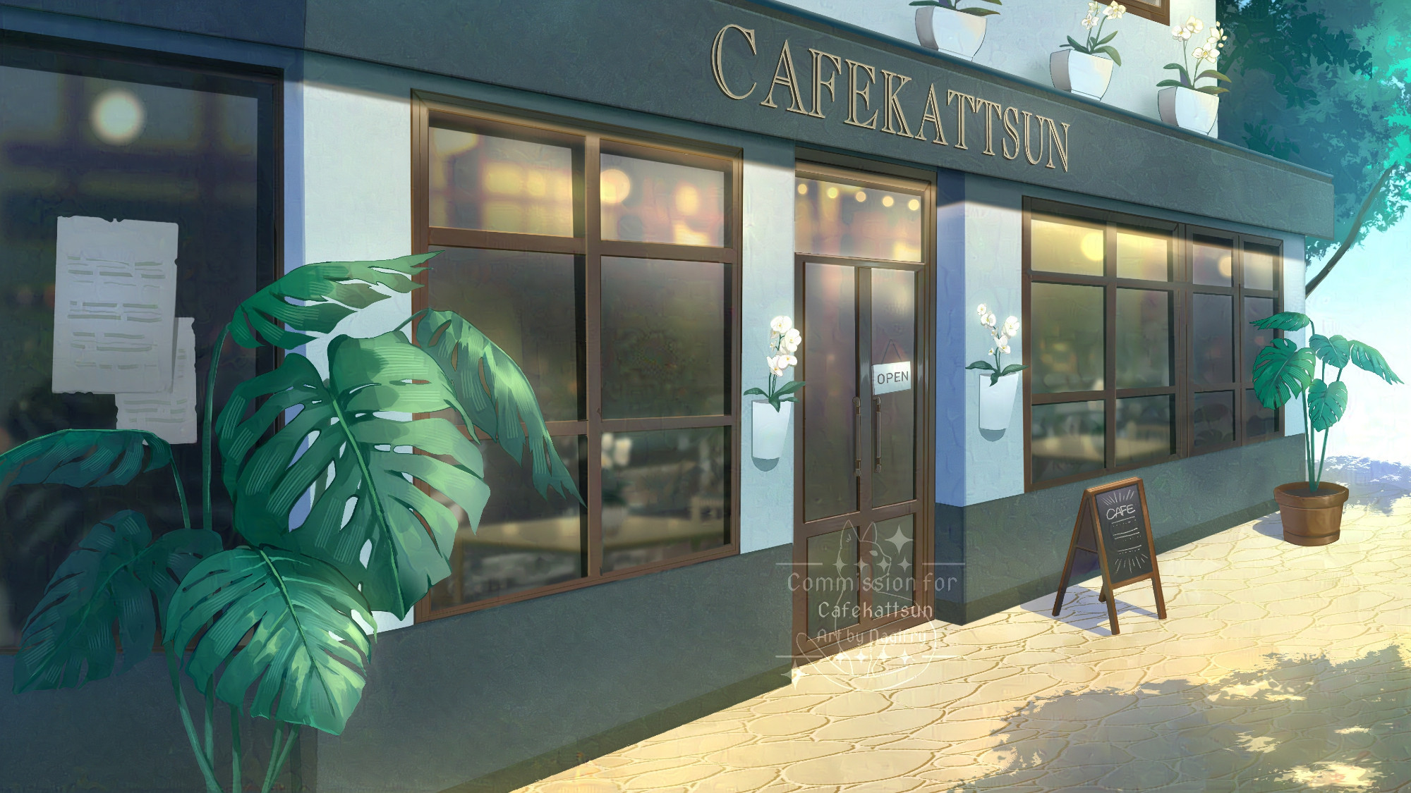 A VTuber Bacground artwork of a cafe with plants surrounding it.