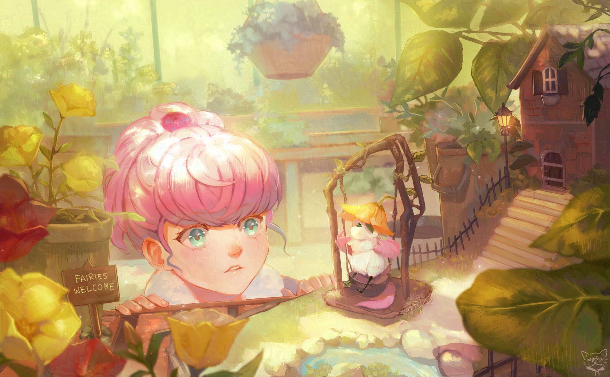 A picture of a pink haired ponytail girl meeting a fairy in a greenhouse.