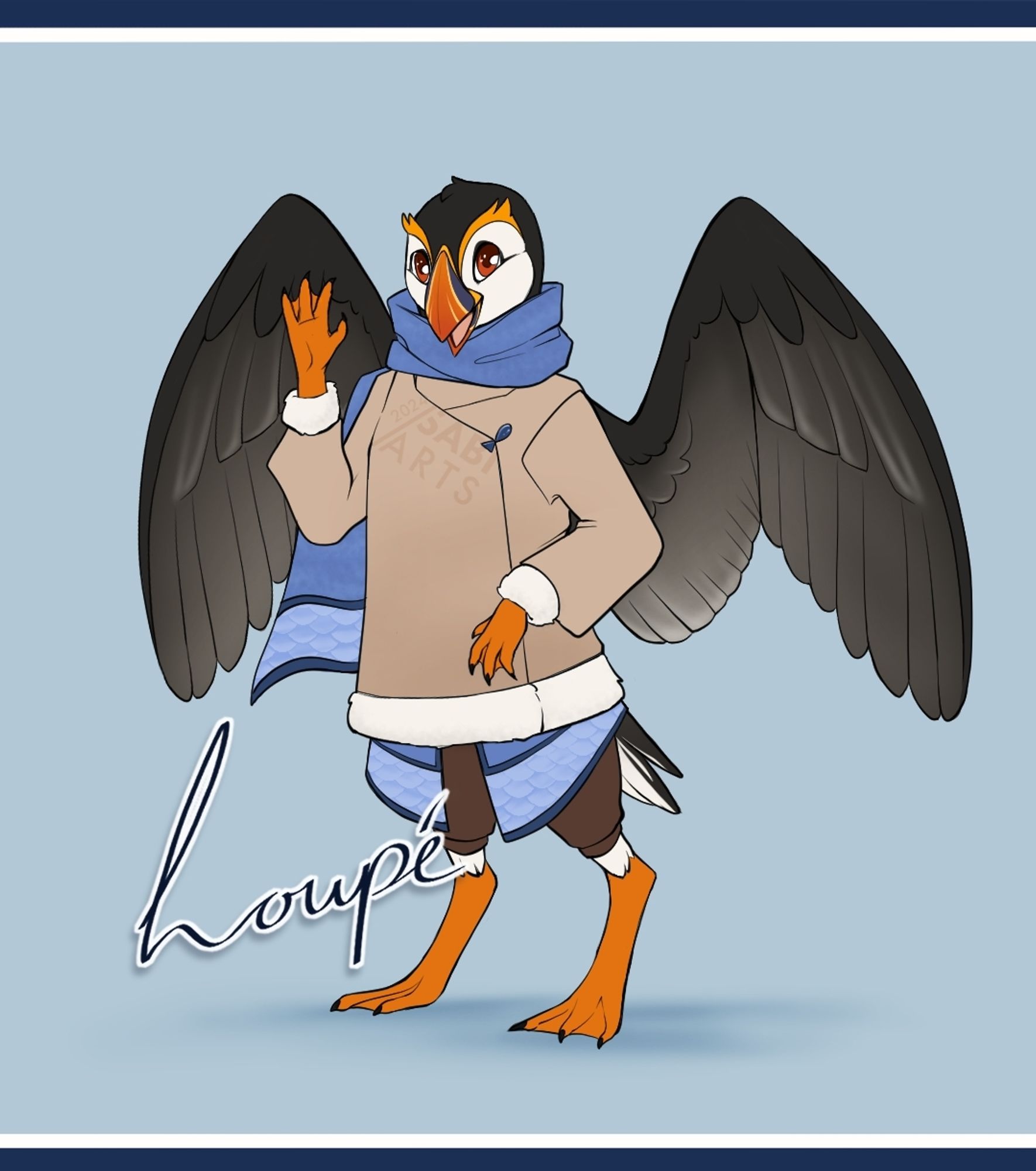 A cute Aarakocra (bird person) modeled after a puffin. Who wears a thick winter jacket and a scarf