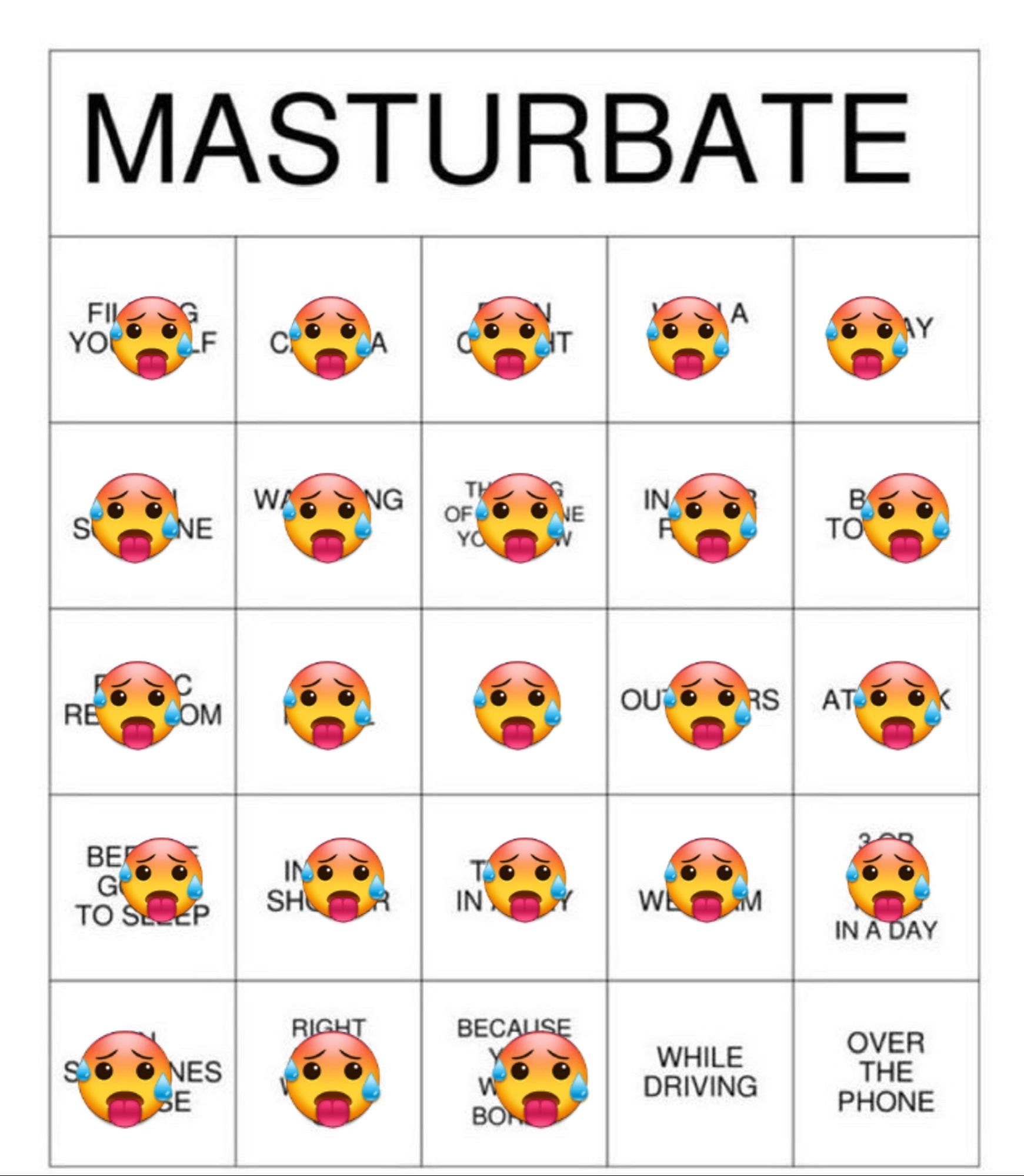 masturbate bingo, all but 2 spaces filled