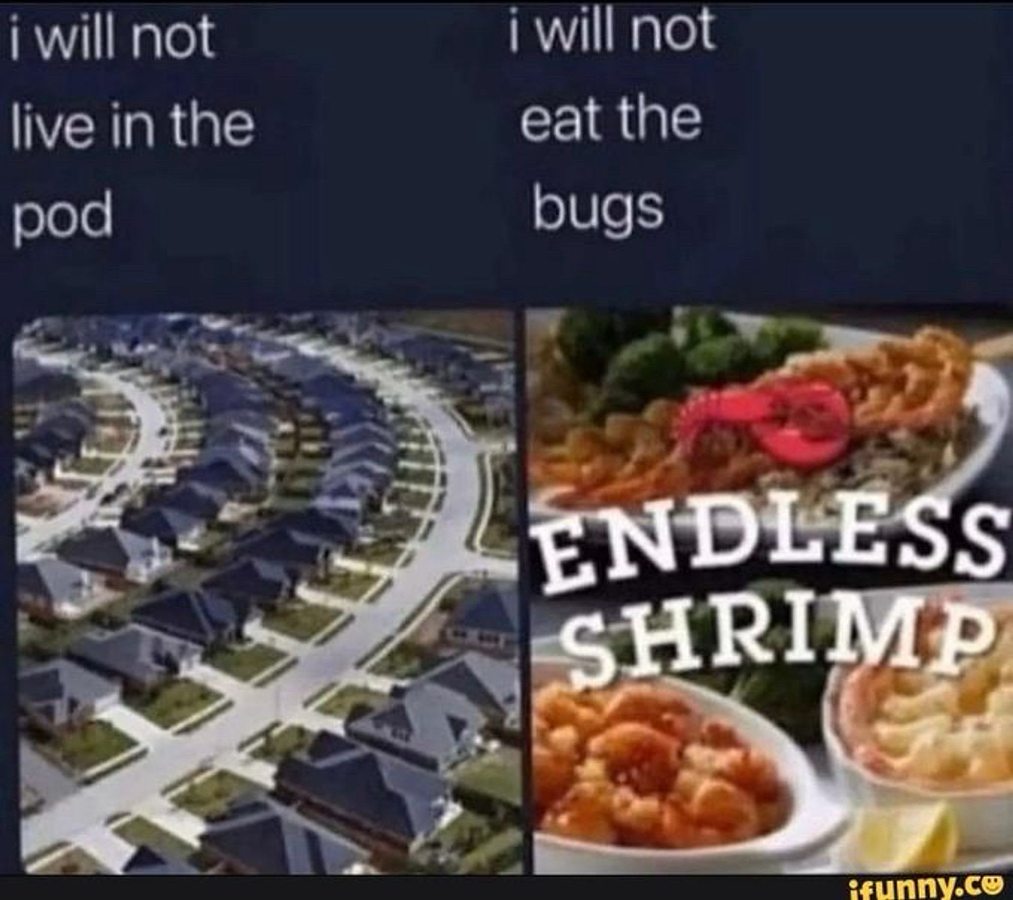 i will not live in the pod
[picture of a standard neighborhood of identical houses]
I will not eat the bugs 
[picture of red lobster endless shrimp]