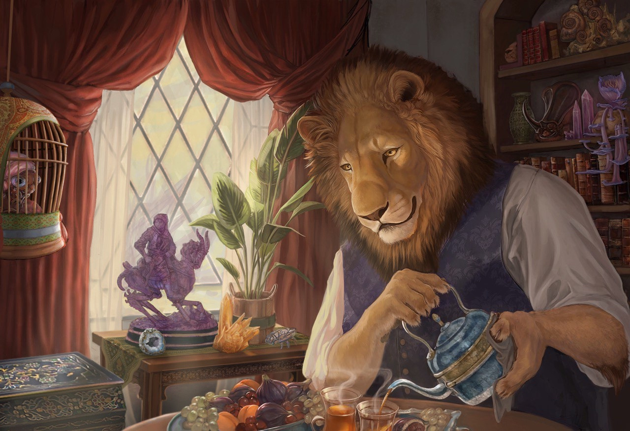 An anthropomorphic male lion pours tea tea for two. His home is decorated with gemstone statues, mushrooms, a mysterious pet insect, books, and the table has large figs, apricots, and grape like fruits. 