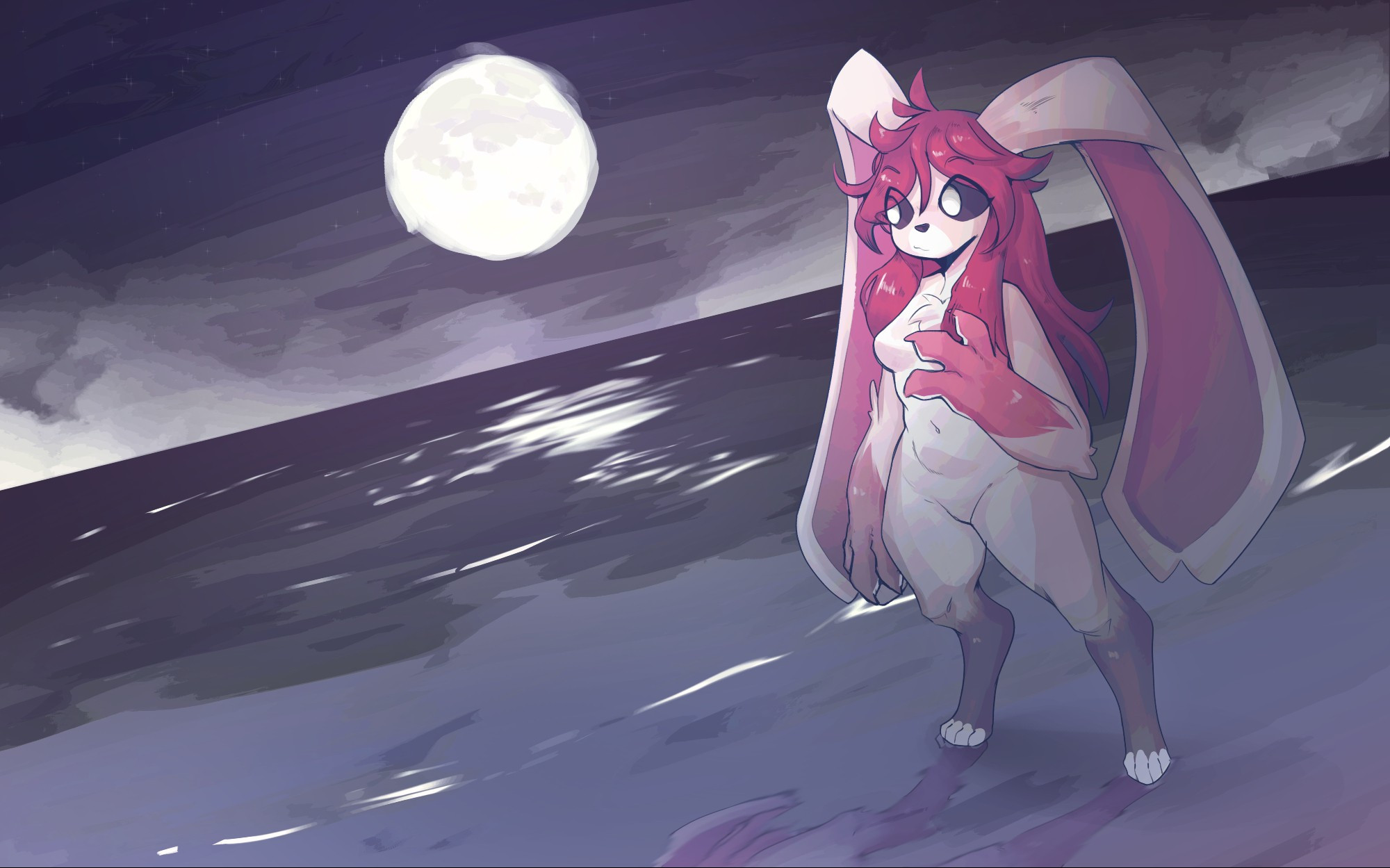 Yahlunna's fursona walking over the sea at night.