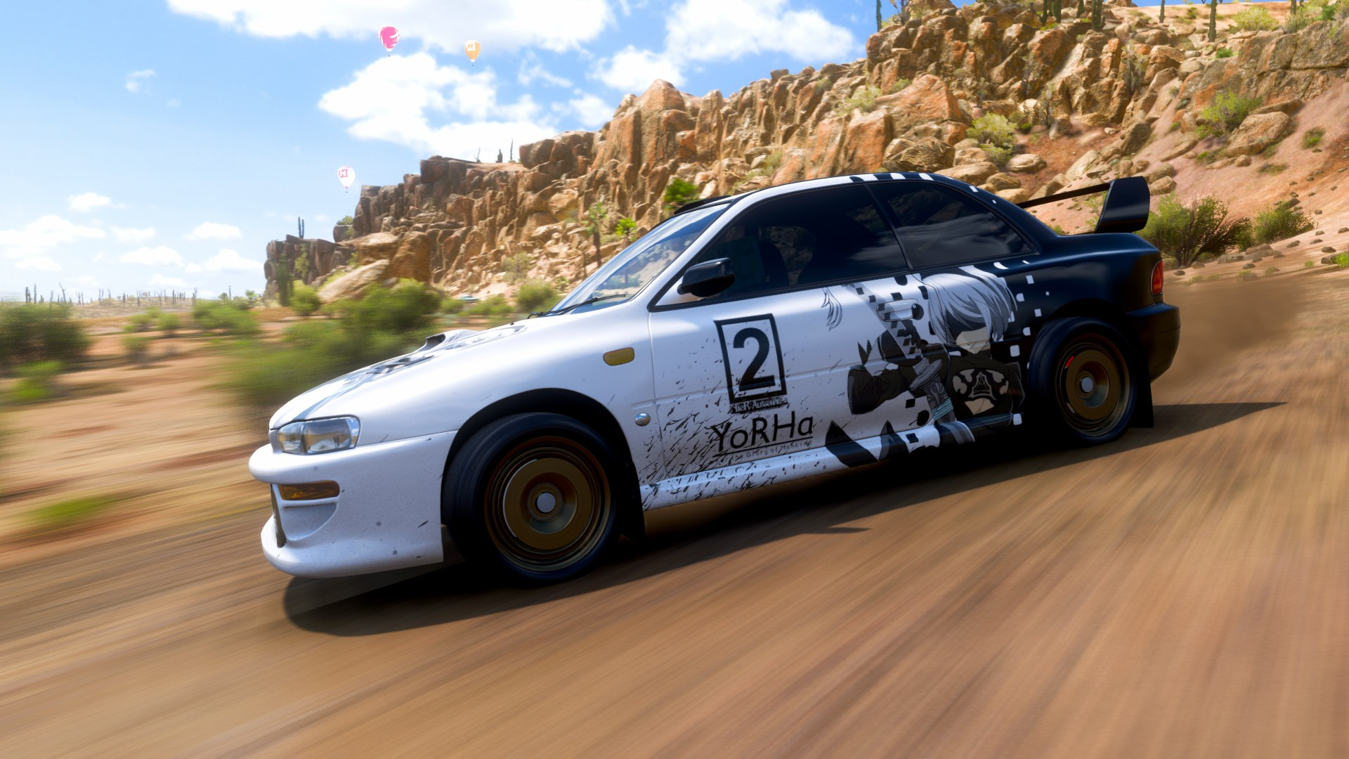 A Subaru 22B with a NieR: Automata livery, made in Forza Horizon 5