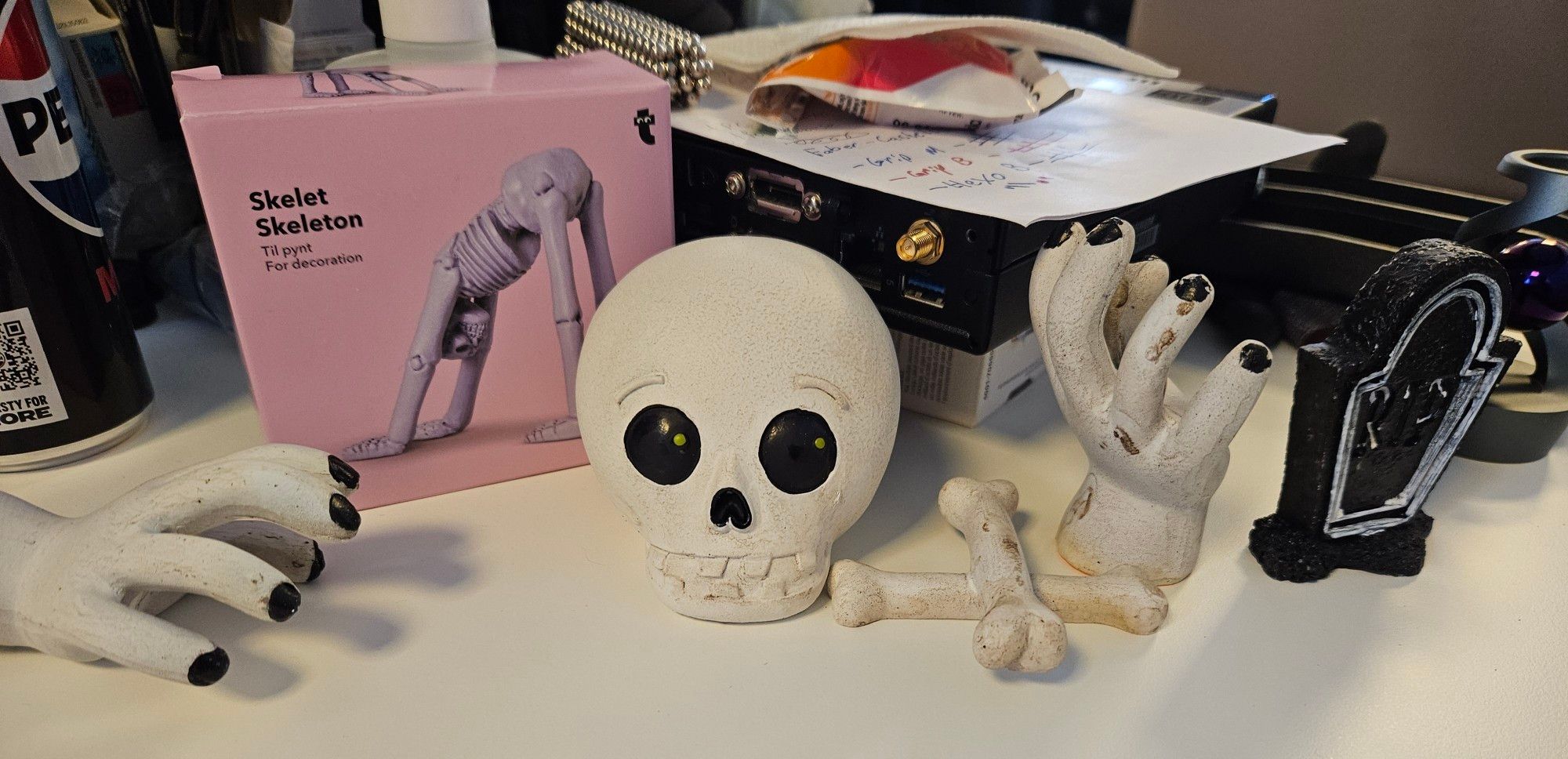 Halloween decorations from TGR, including the yoga skeleton