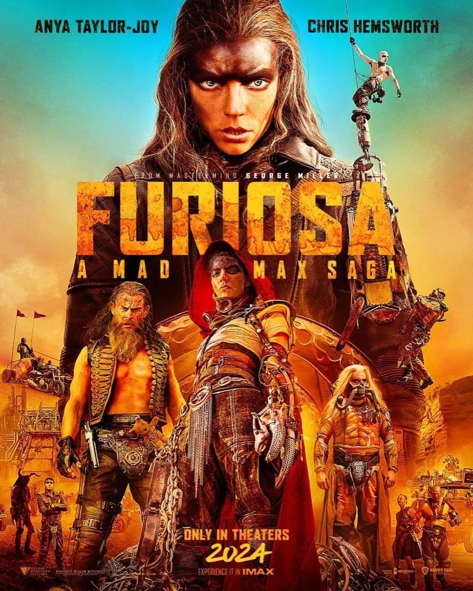 Poster per l'uscita del film "Furiosa"
In uno scenario post-apocalittico in alto vediamo la protagonista che domina la scena; in basso, più piccoli di nuovo lei ed i due antagonisti principali.
Sullo sfondo, scene di battaglia.