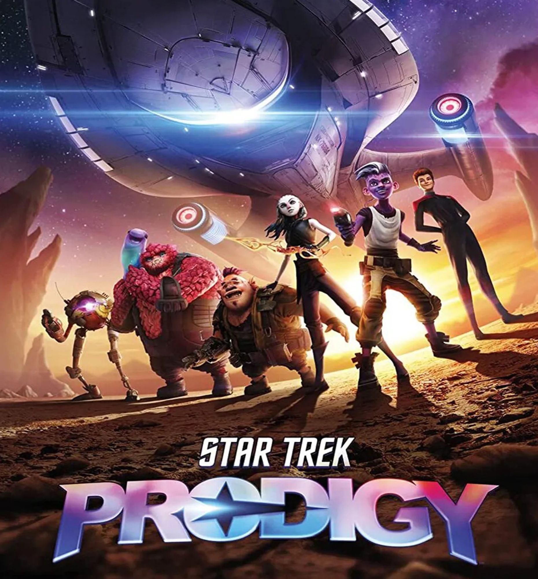 Immagine di presentazione della serie "Prodigy": tutti i protagonisti, insieme alla olo-Janeway, in piedi sulla superficie deserta di un pianeta.
Dietro di loro si staglia nel cielo la sagoma della USS Protostar.