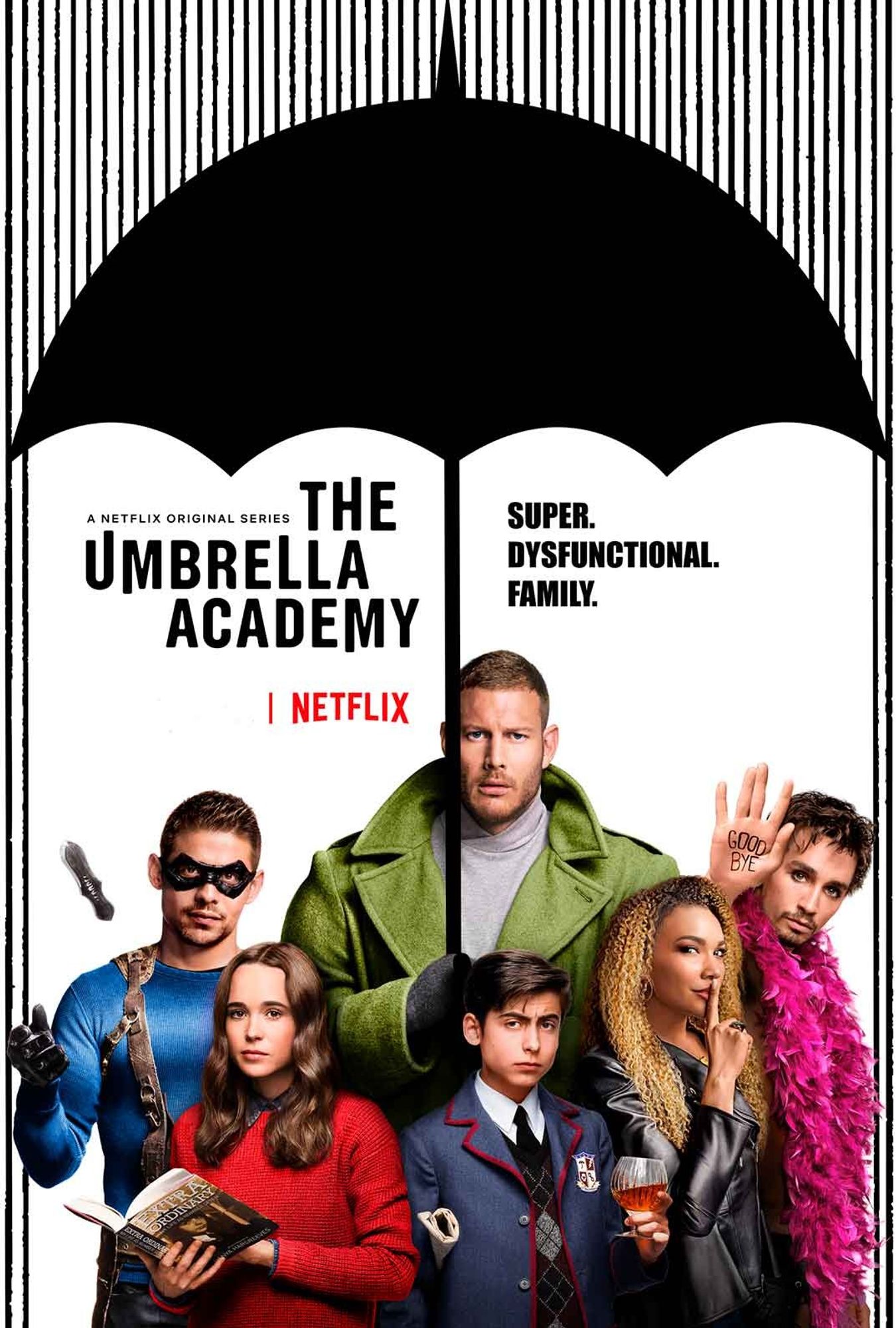 Locandina della serie "The Umbrella Academy".
Sotto un ombrello nero stilizzato, che ferma linee nere verticali simboleggianti la pioggia, ci sono i ragazzi protagonisti della serie.