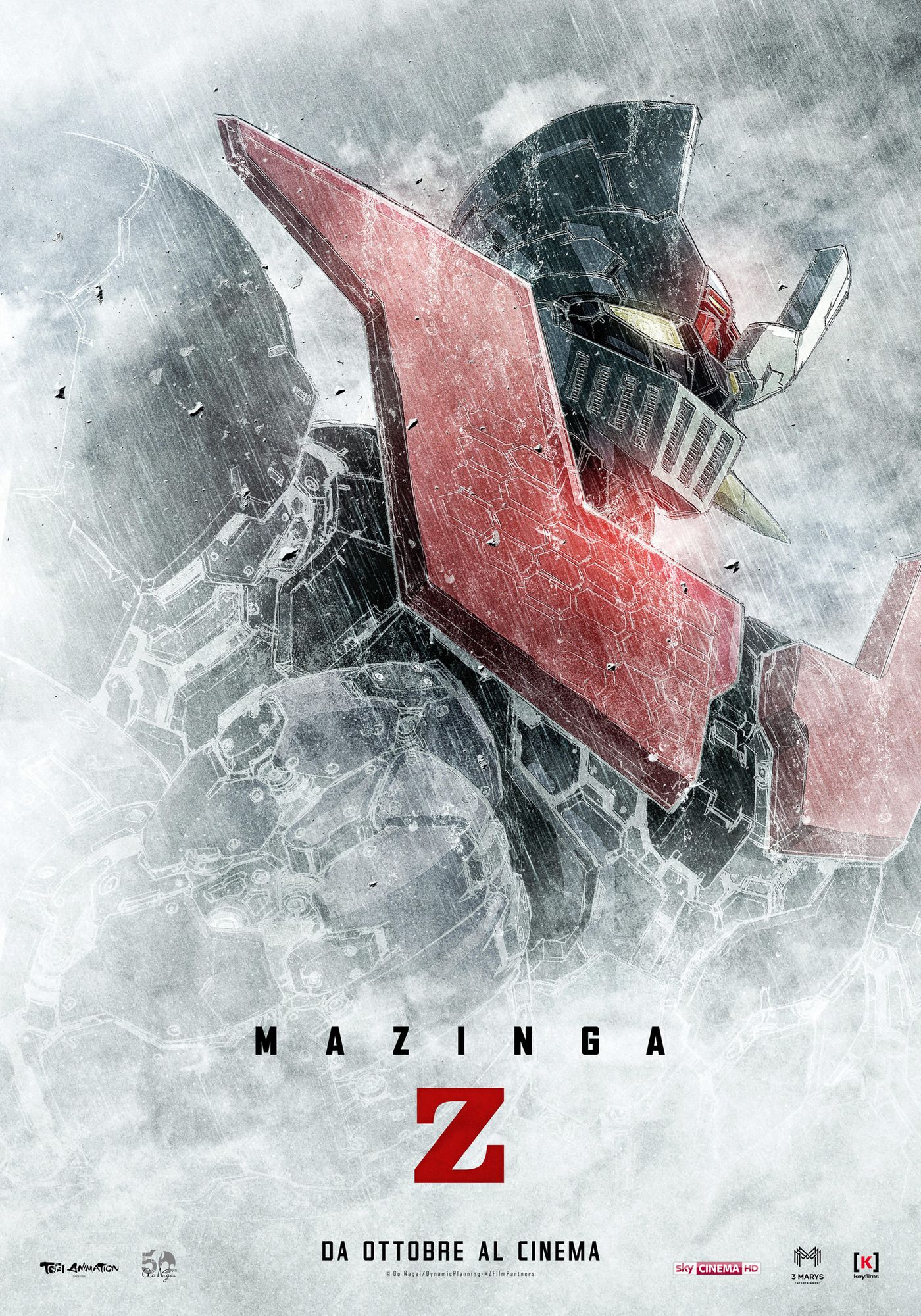 Locandina del film "Mazinga Z Infinity":

Da uno sfondo di nubi e pioggia emerge il rinnovato Mazinga Z, con la struttura a placche ed il pugno chiuso.