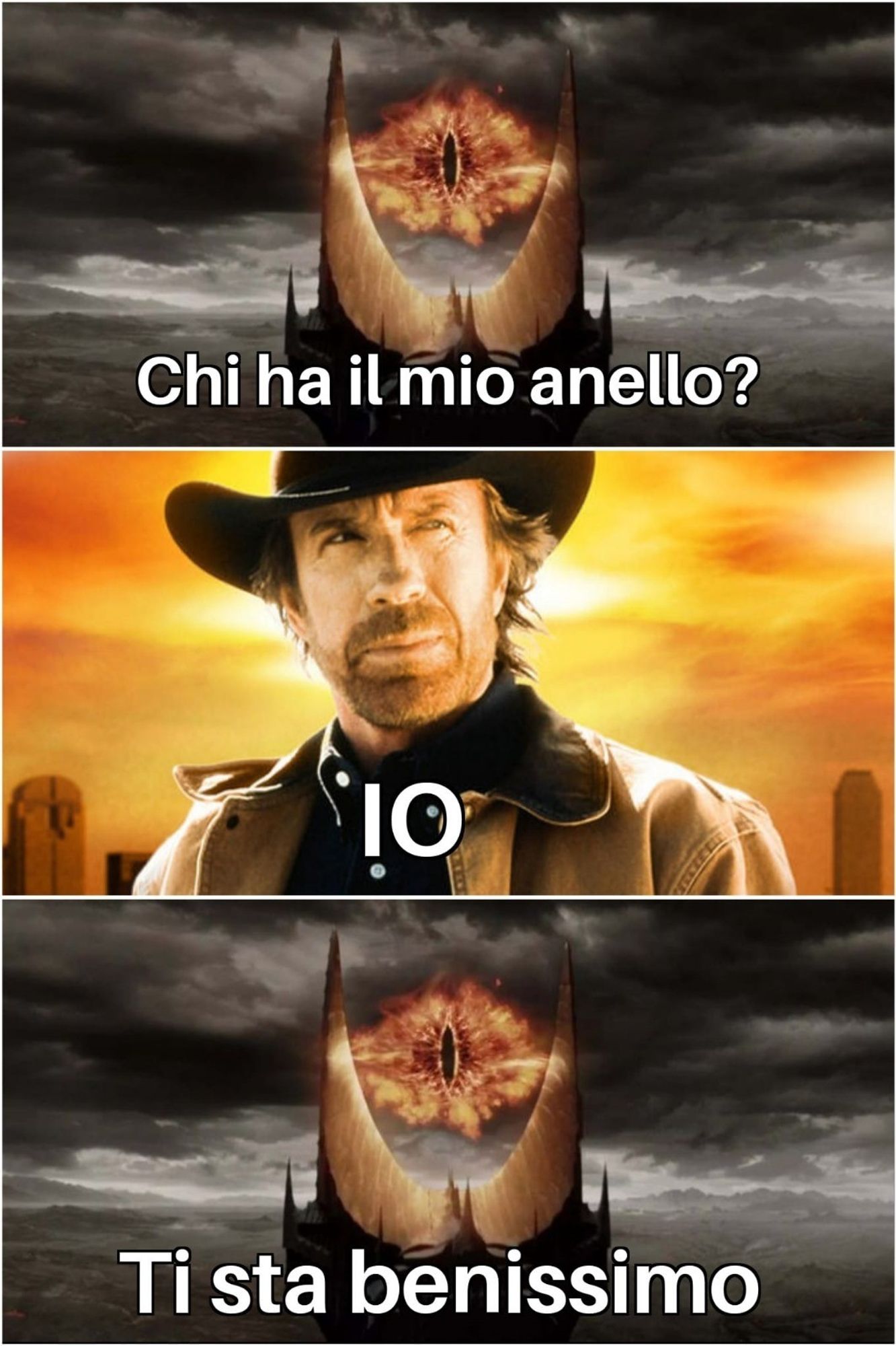 Tre vignette.
1. L'Occhio di Sauron chiede: "Chi ha il mio anello?"
2. Chuck Norris risponde: "IO"
3. L'Occhio di Sauron chiosa: "Ti sta benissimo".