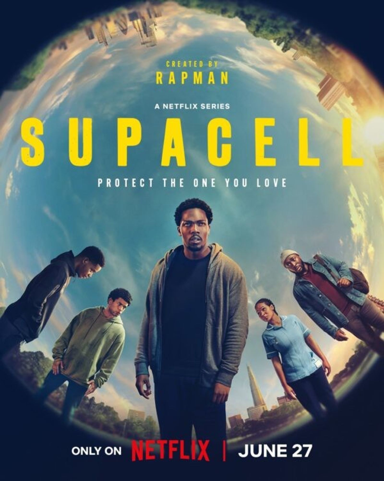 Poster promozionale per la serie "Supacell":

Simulando una foto a 360° stile "fisheye", sullo sfondo un paesaggio cittadino sotto un cielo azzurro; in primo piano i cinque protagonisti con aria stralunata, ed avendo la "base" sul bordo di un immaginario cerchio, hanno i corpi svettanti verso il centro, con un risultato disturbante. 

Scritta al centro:
SUPACELL
protect the one you love