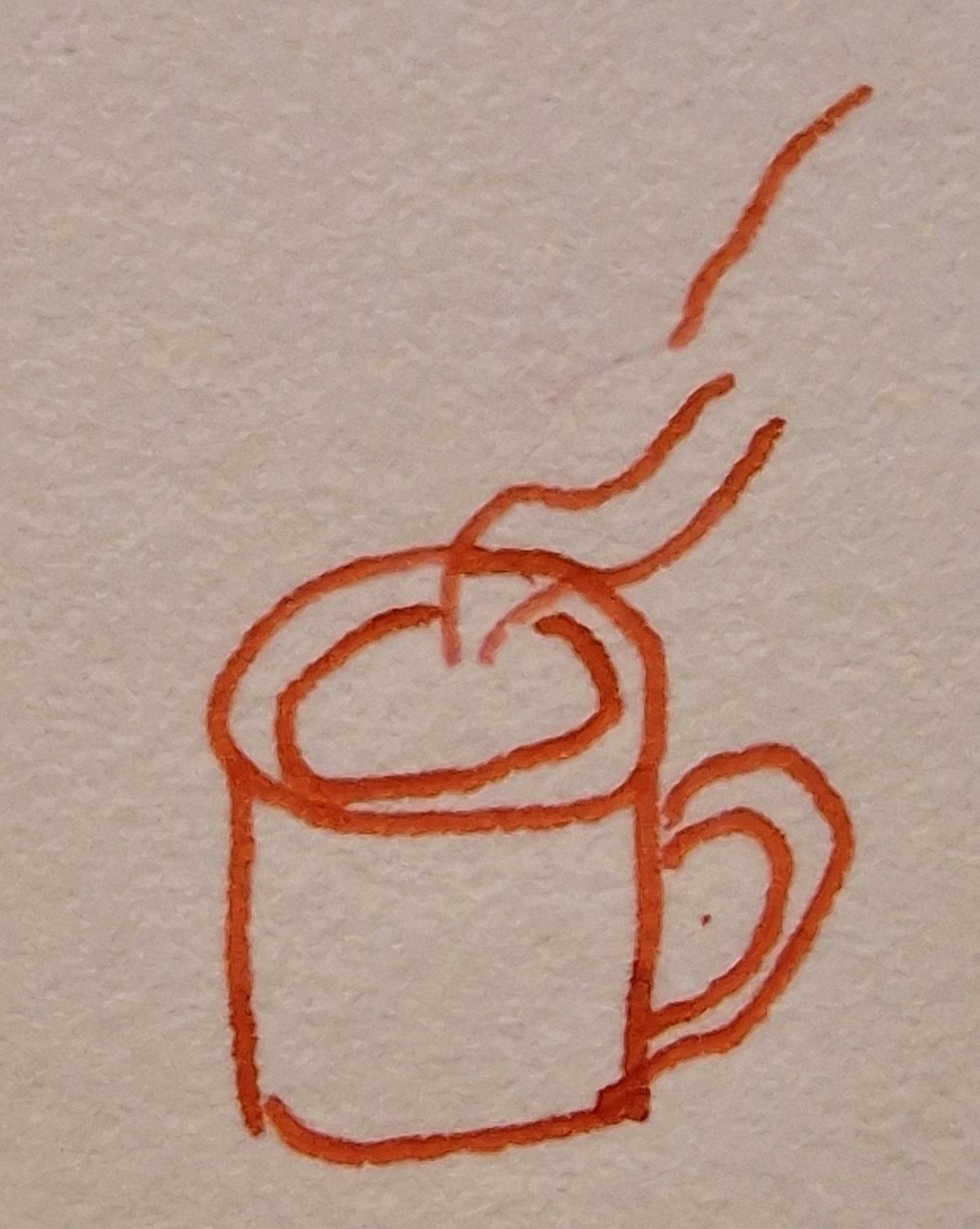 A badly drawn cup with steam coming from the content. The ink is red