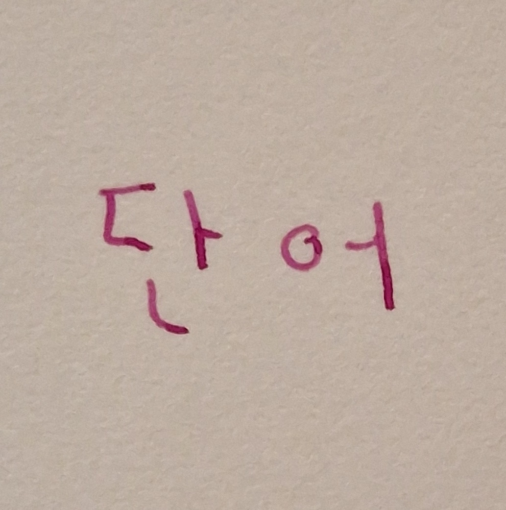 The Korean word 단어 written in Hangul in pink ink. 