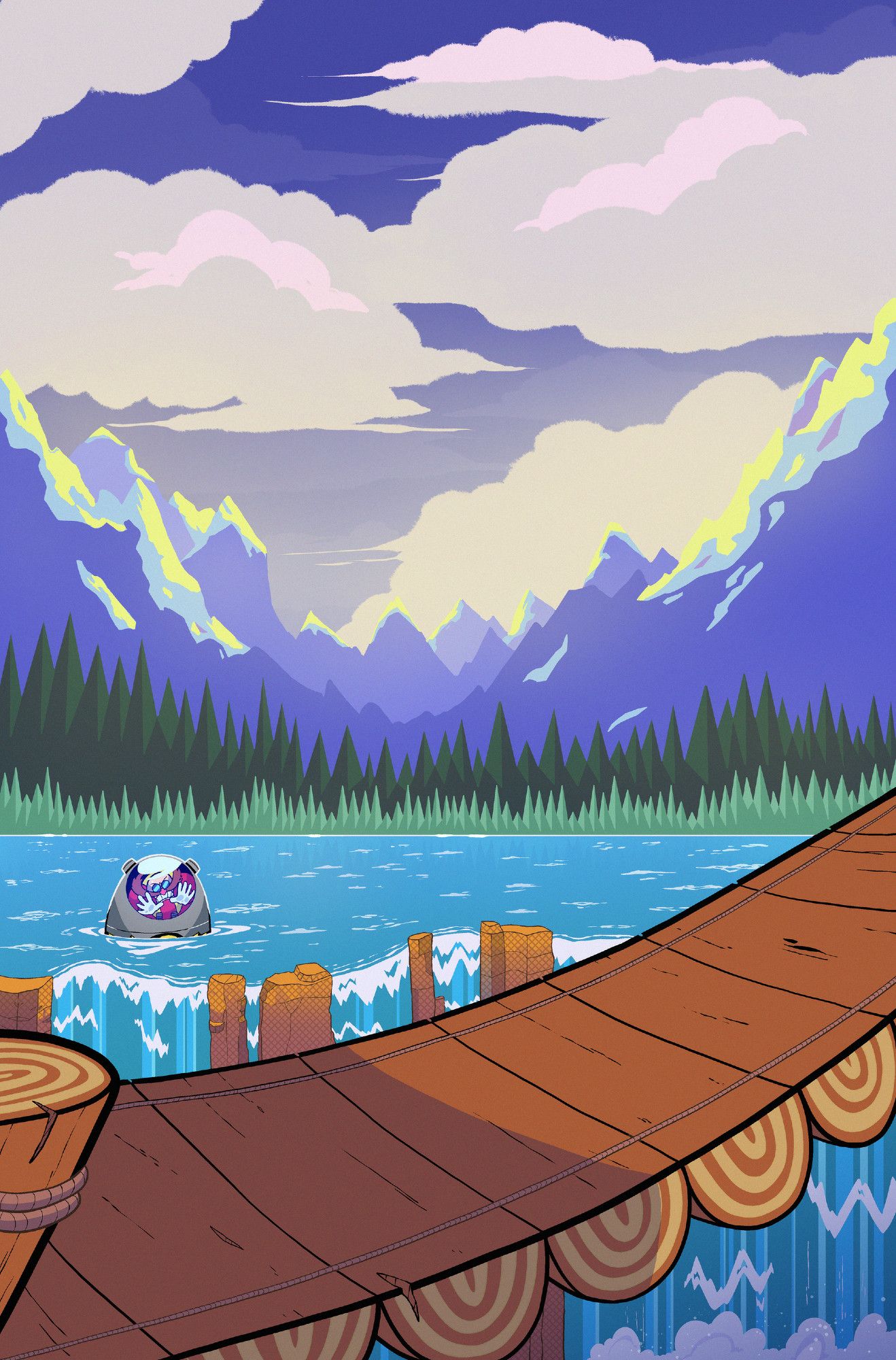 Fan art of Bridge Zone, showing a bridge in front of a lake. In the background is a forest and mountains. Dr Robotnik is also in his submarine eggmobile in the background.