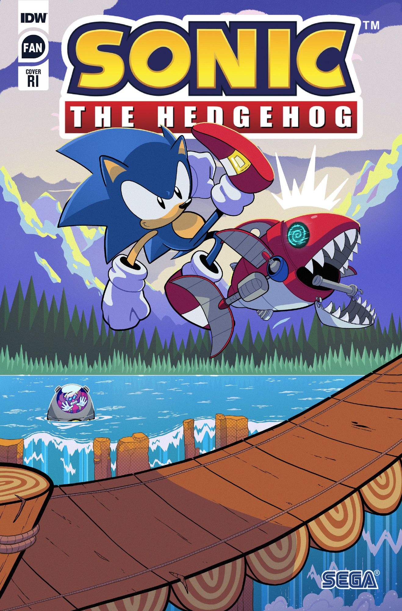 Fan art of Sonic the Hedgehog. He is in Bridge Zone and kicking a Chopper badnik over a bridge. In the background, Dr. Robotnik is angrily looking out the window of his submarine variant of the eggmobile. This image also has the IDW Sonic fan cover logos.