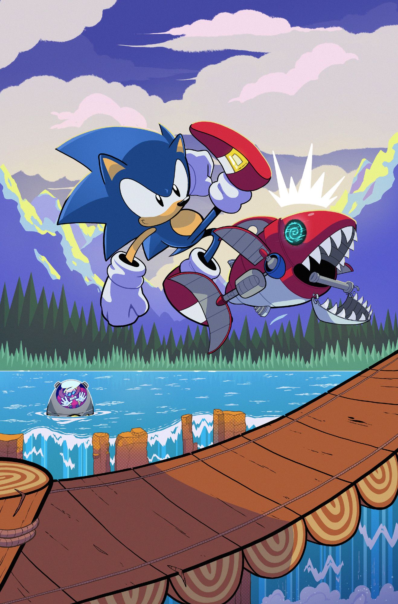 Fan art of Sonic the Hedgehog. He is in Bridge Zone and kicking a Chopper badnik over a bridge. In the background, Dr. Robotnik is angrily looking out the window of his submarine variant of the eggmobile.