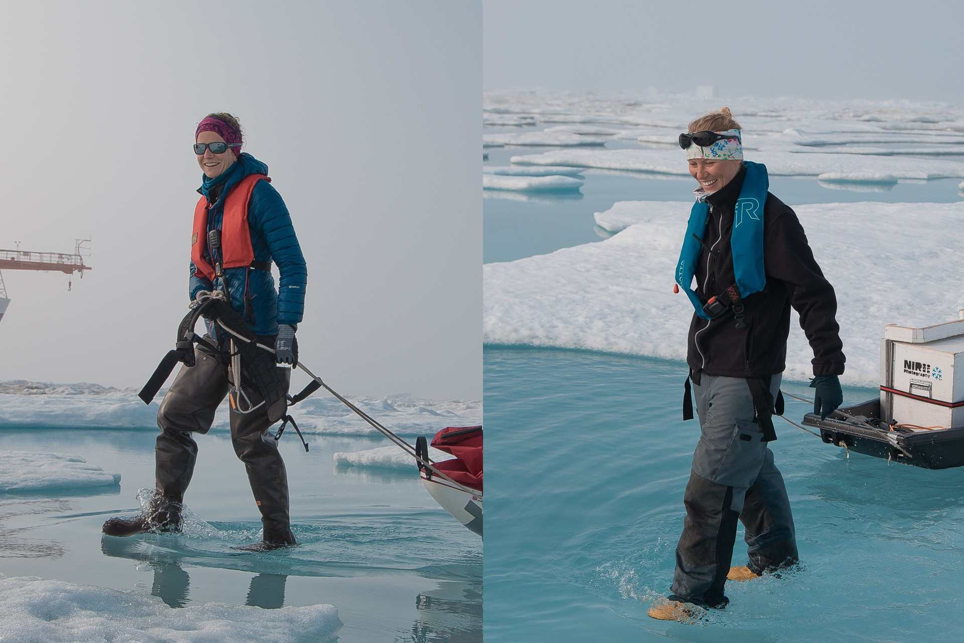 Two scientists are walking on the Arctic sea ice covered by melt ponds during a scientific expedition.