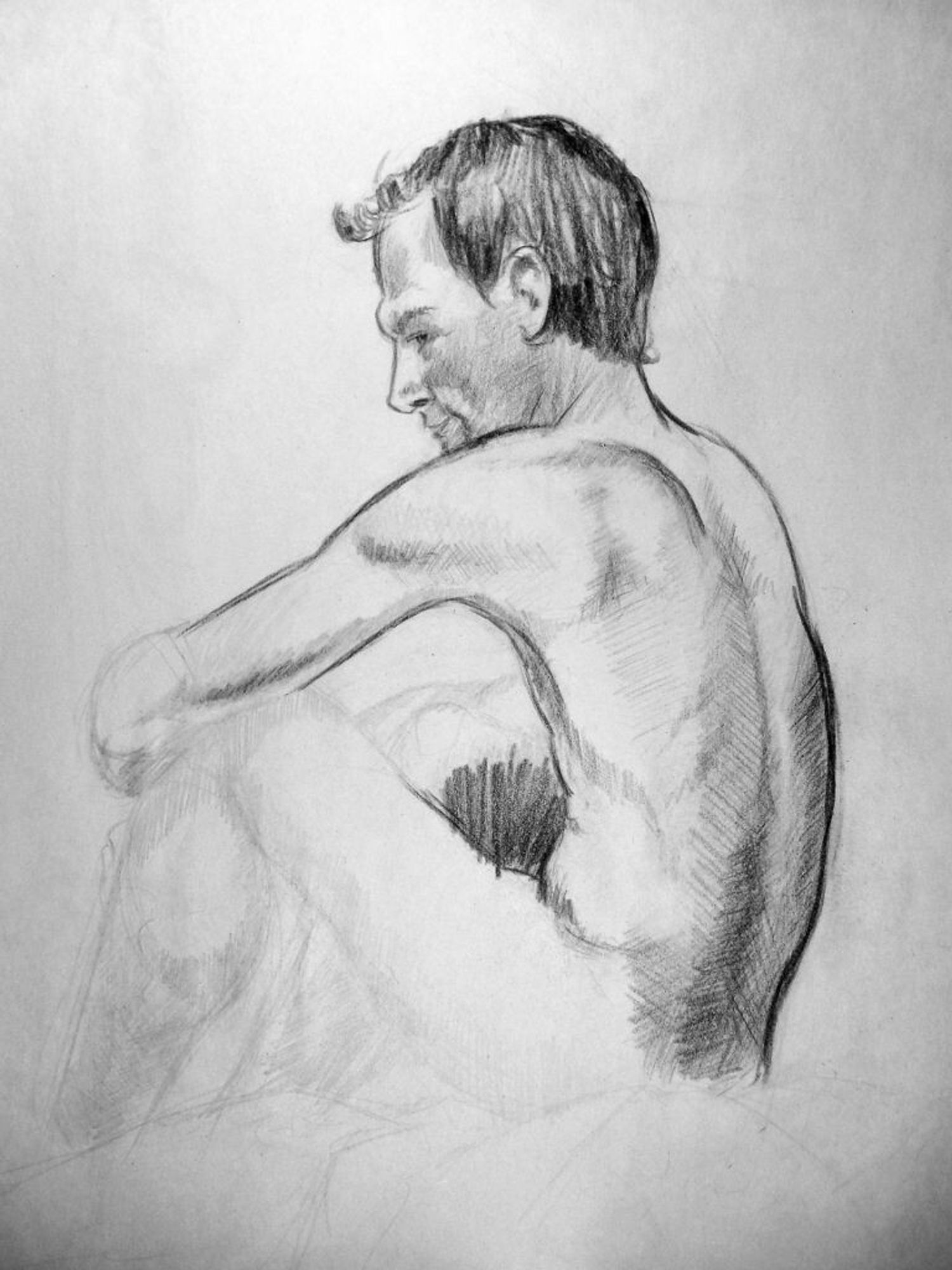 A life drawing of a sitting man, sketched from a 3/4 view behind, showing the muscles of his back.