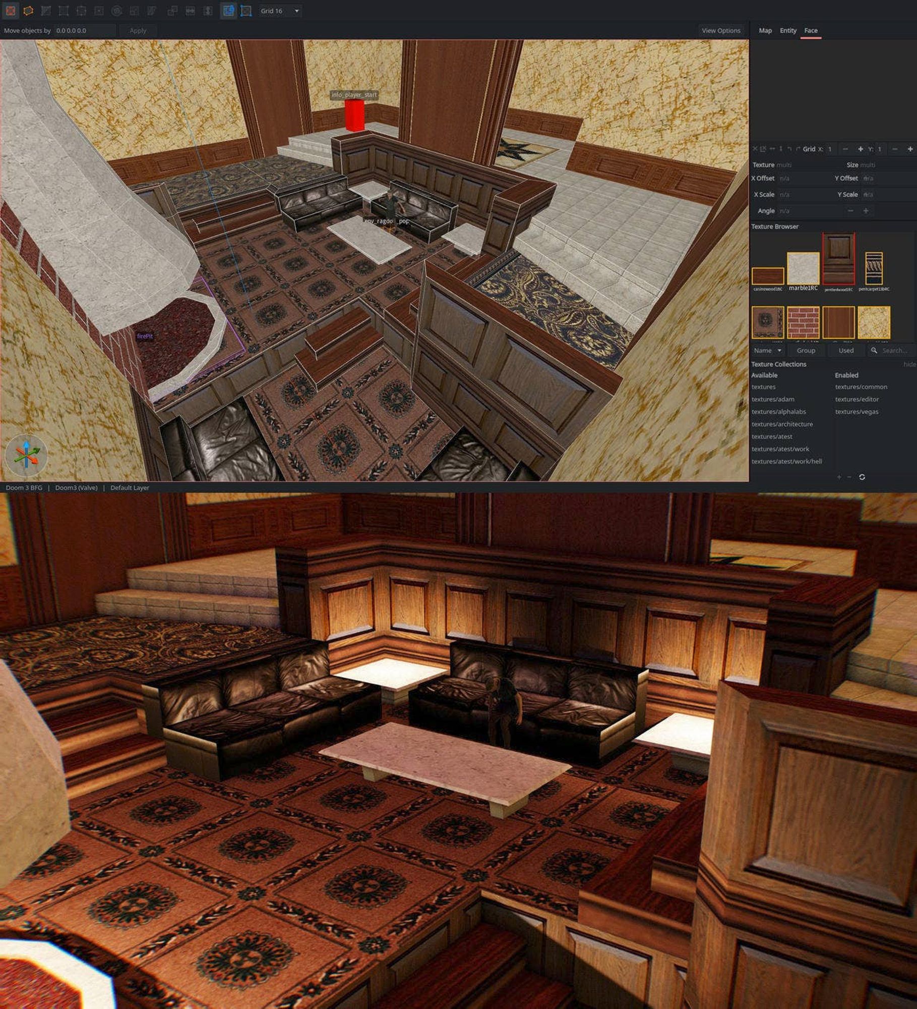 A vertical pair of screenshots, one from within Trenchbroom, a level editor, showing the geometry of a room with a large fireplace off to one side, and a set of couches placed within a progressively deepening conversation pit. The bottom screenshot shows roughly the same view, but from within the Doom 3 engine, showing proper lighting.