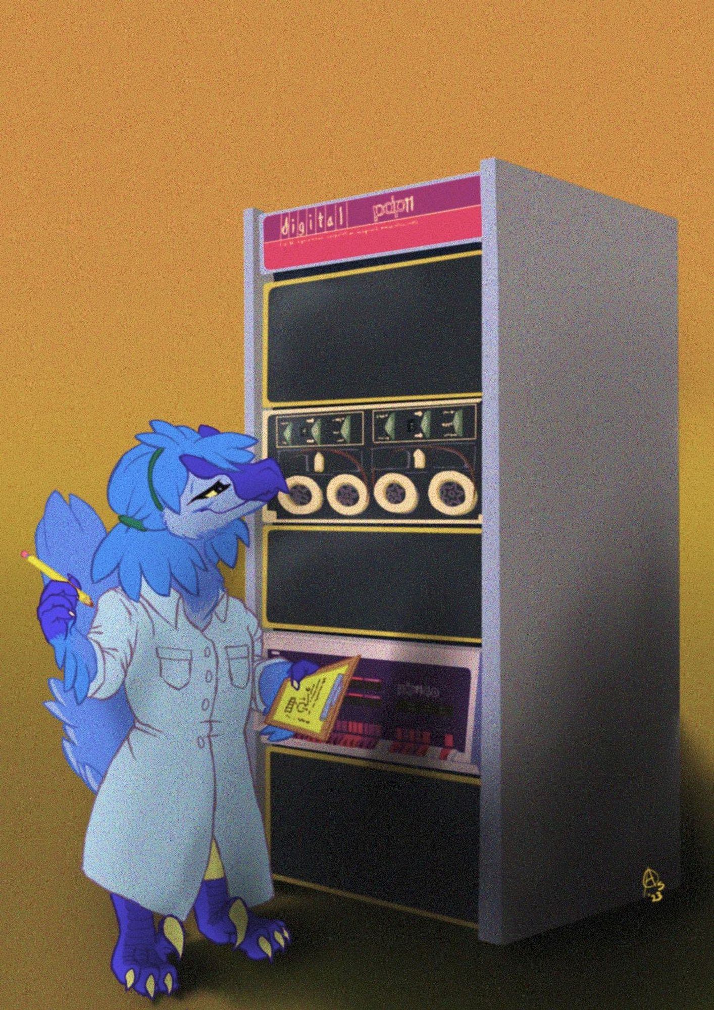 A blue-feathered nevrean woman in a lab smock and carrying a clipboard and pencil inspects a PDP11 cabinet.