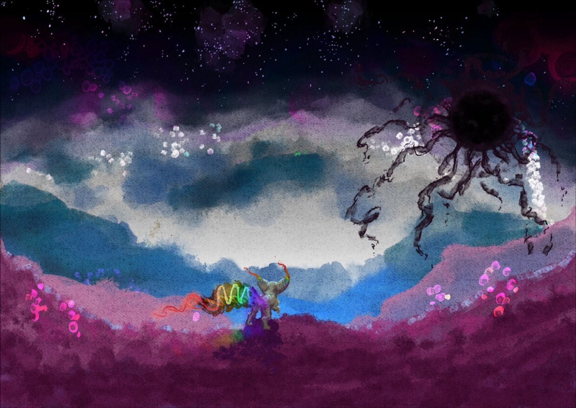 A fennec fox with a shimmering rainbow wavelength for a tail stands bravely on a small hill in a strange magenta field sparsely filled with small glowing bushes of orbs. The sky above is a scattering of stars seen through clouds and ghostly orbs of magenta and white. Looming above the fennec a short distance away is a nightmarish void-orb with smoky tendrils slithering from its centre.