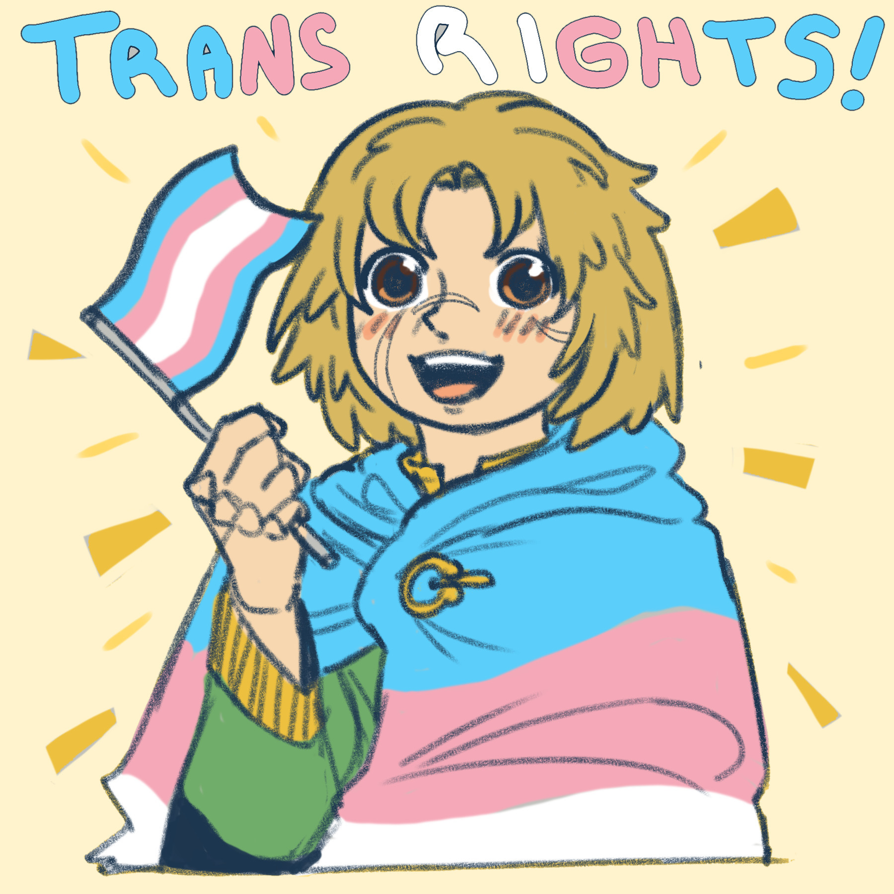 The character thorfinn from the manga and anime series vinland saga holding a trans flag and trans cape. The caption says TRANS RIGHTS!