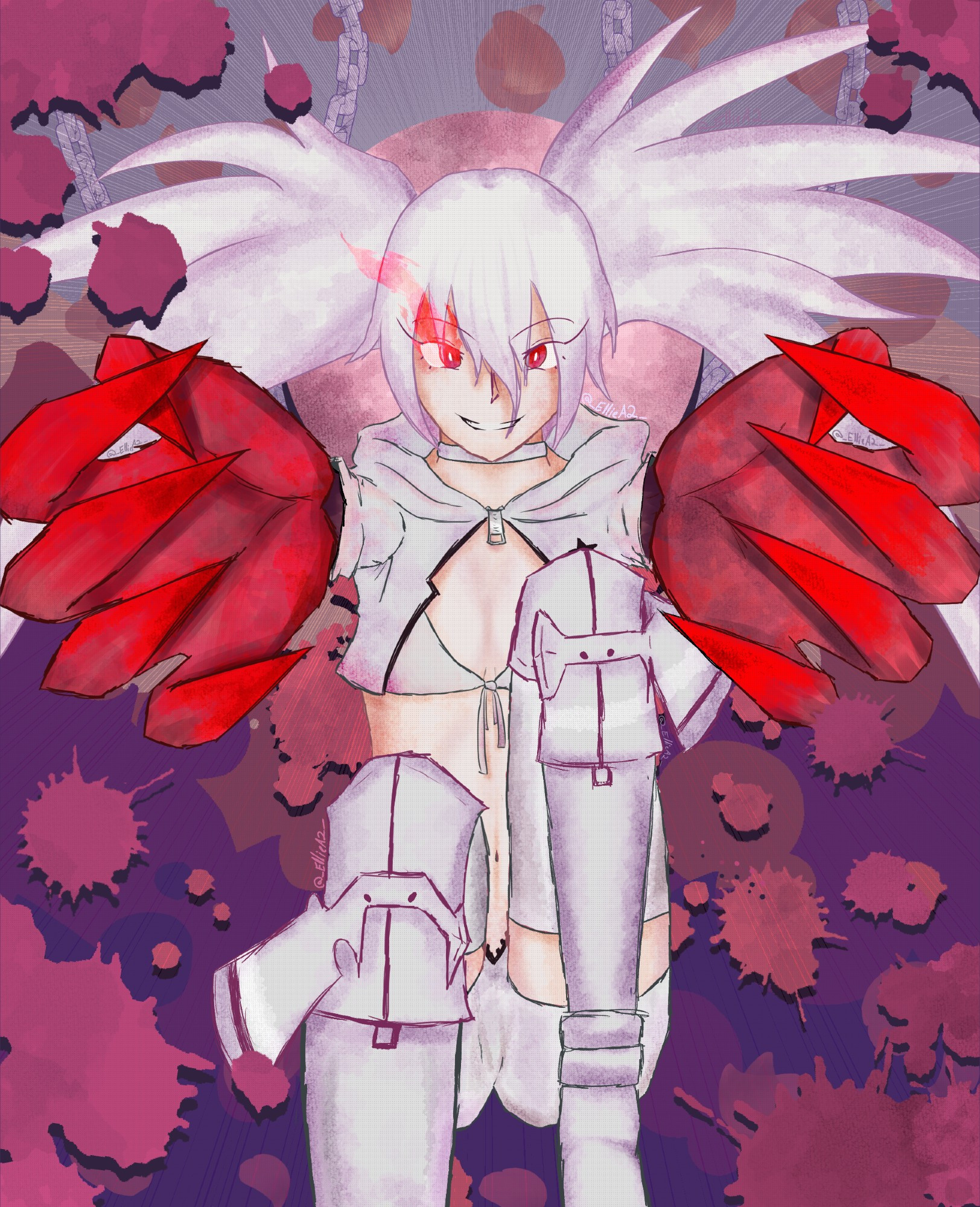 Illustration featuring "White★Rock Shooter" (also known as "WRS" or "Sing Love") from the videogame "Black★Rock Shooter: The Game" depicting her reaching out toward the camera with big claw-like hands soaked in blood.