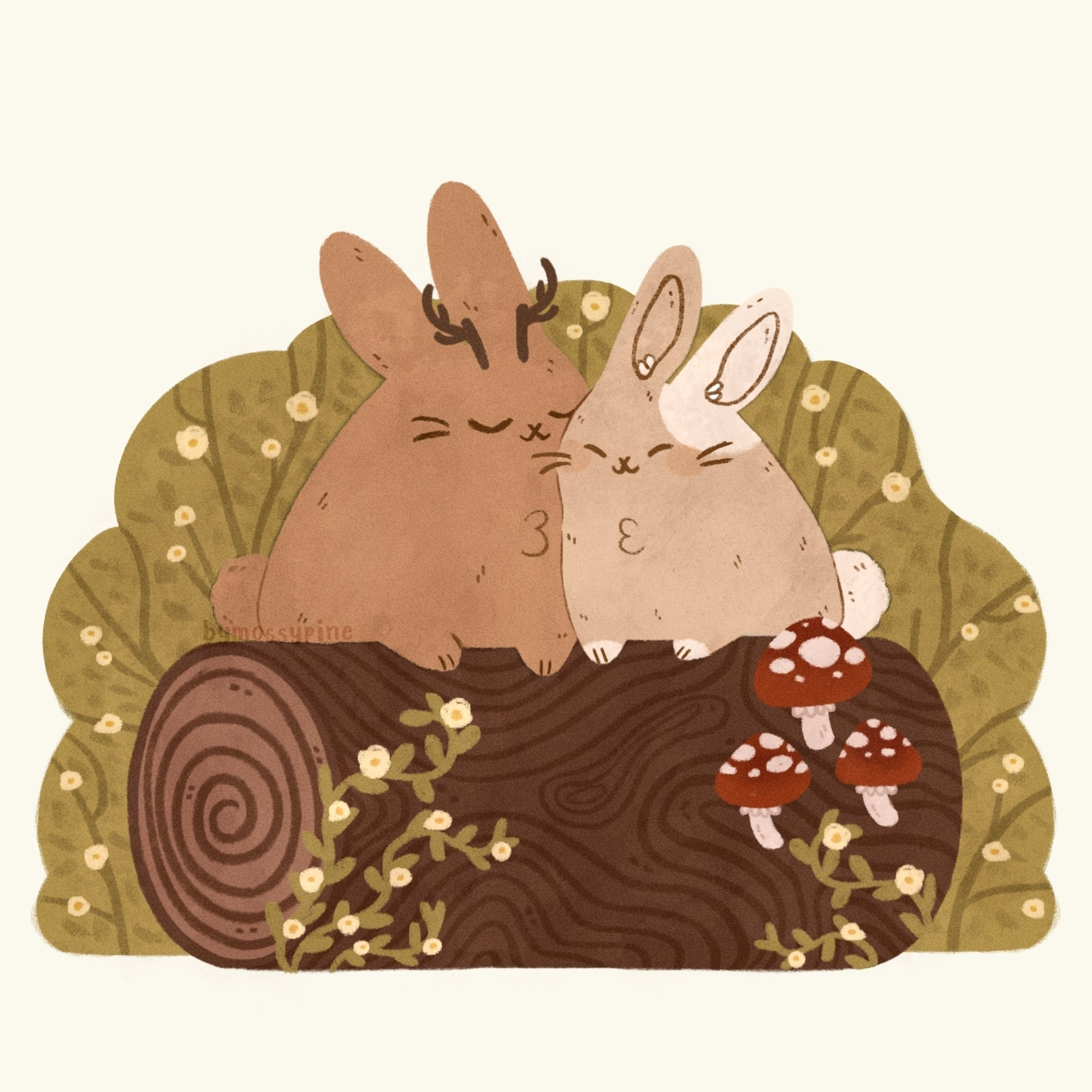 A digital illustration of a brown jackalope bunny and a smaller beige-white bunny sitting on a log