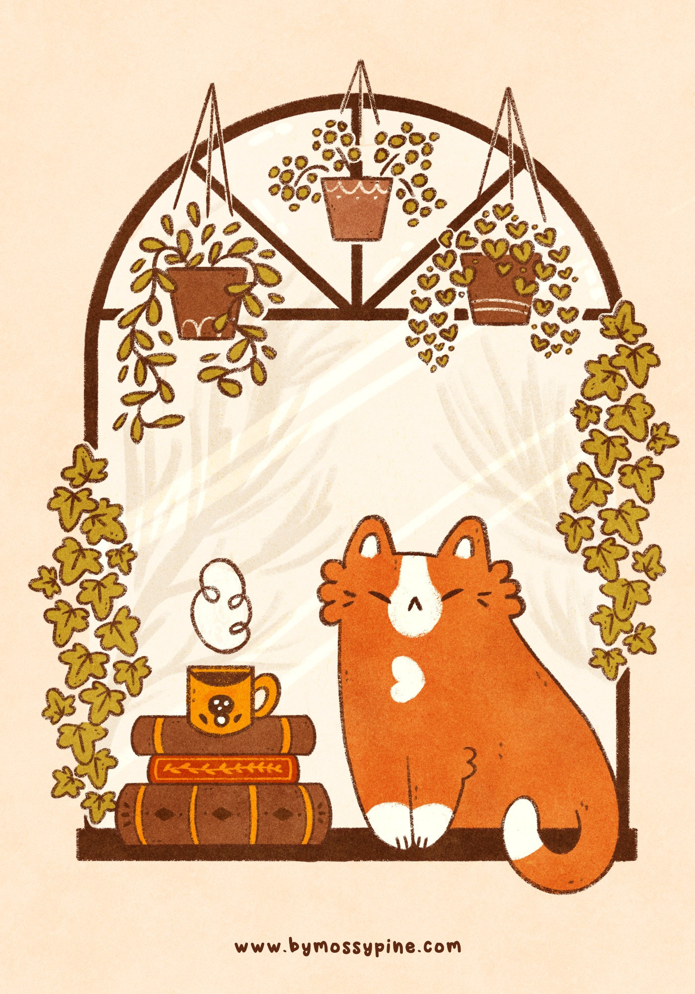 Digital illustration of a ginger cat sitting in a windowsill. Beside it is a pile of books and a cup tea. Above hang some plants