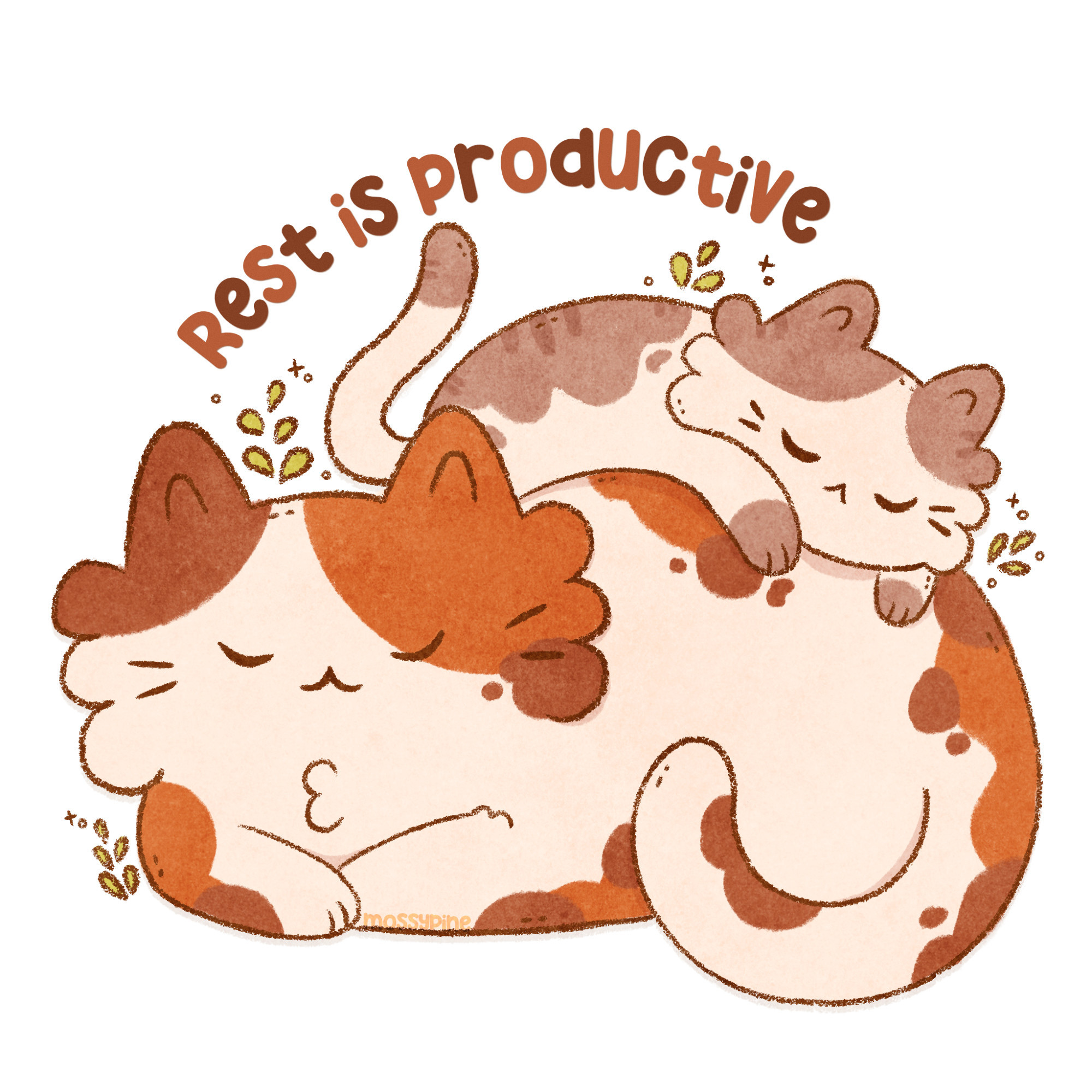 Digital Illustration of two cats sleeping. The text says: rest is productive