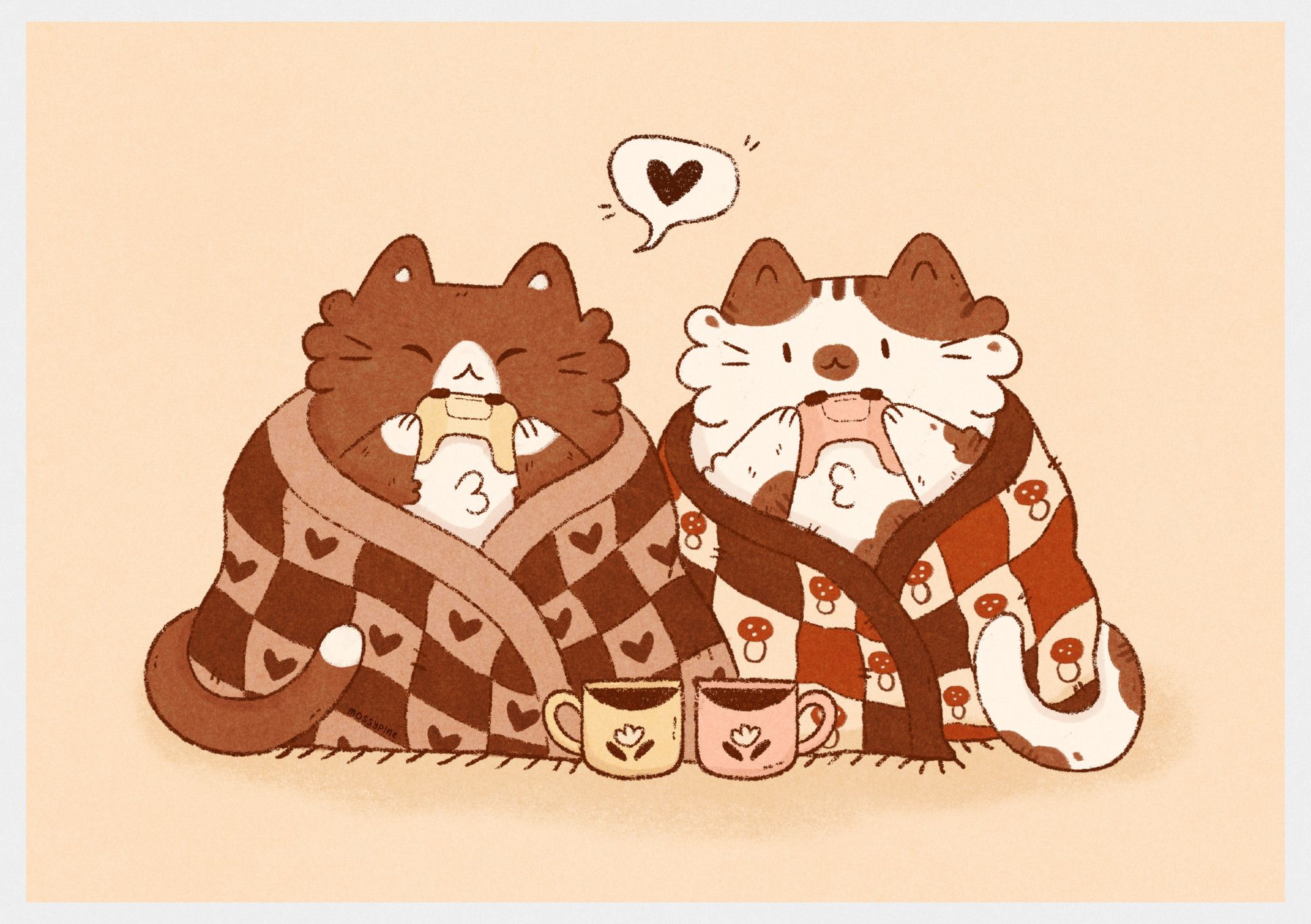 Digital illustration of two cats, each sitting in their own blanket and holding a controller. They have matching cups and there is a little speechbubble with a heart in the middle above them