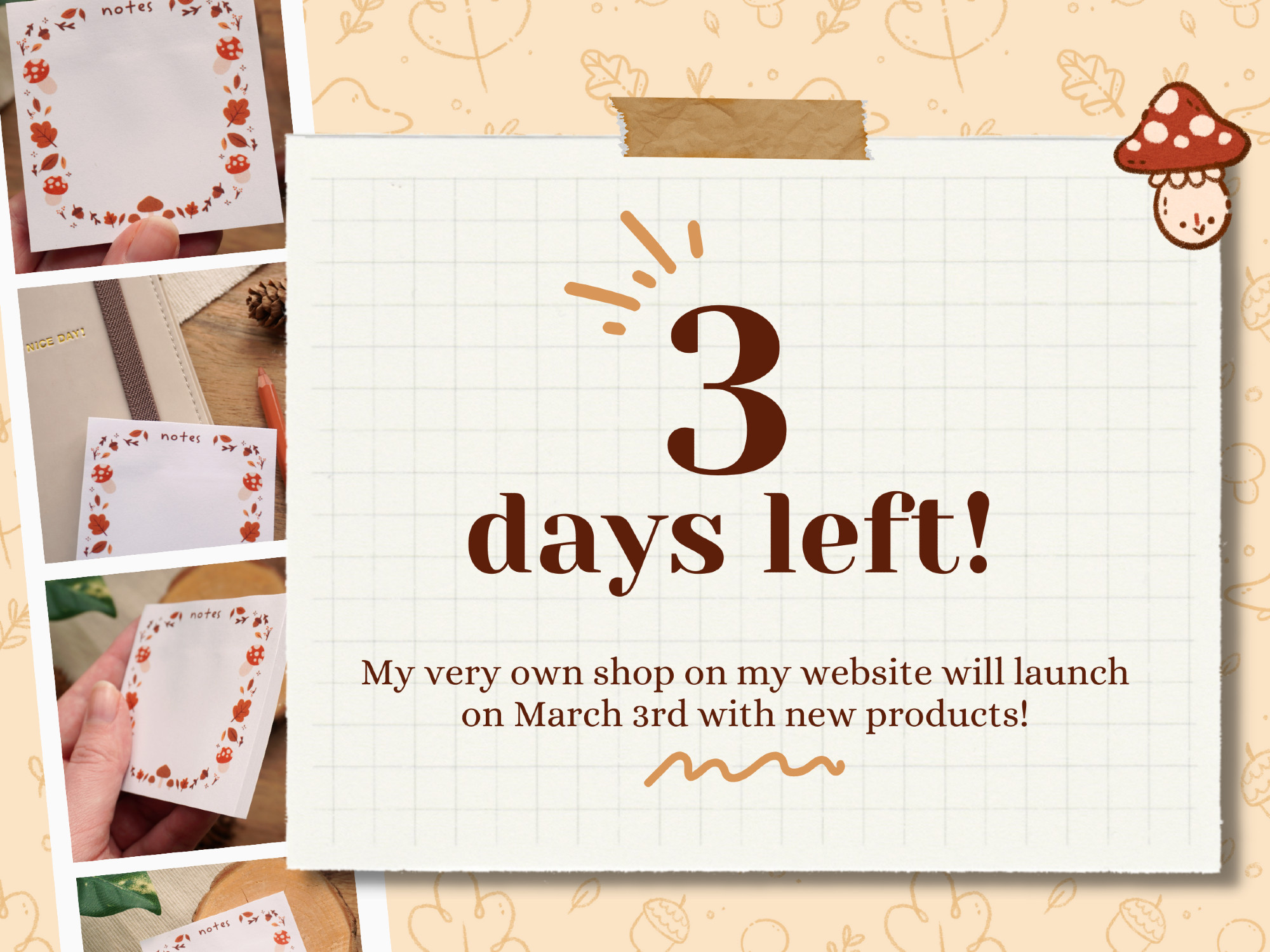 '3 days left! My very own shop on my website will launch on March 3rd with new products'

The announcement depicts some product photos of the sticky notes