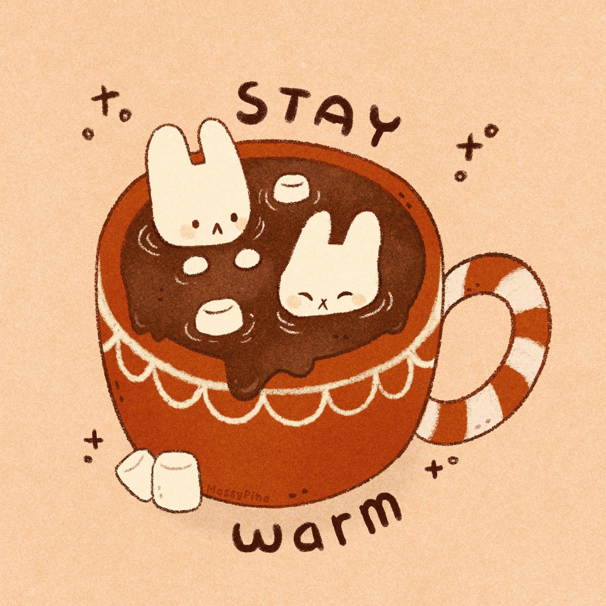 A digital illustration of two white bunnies sitting in a red cup of hot chocolate. The text says stay warm