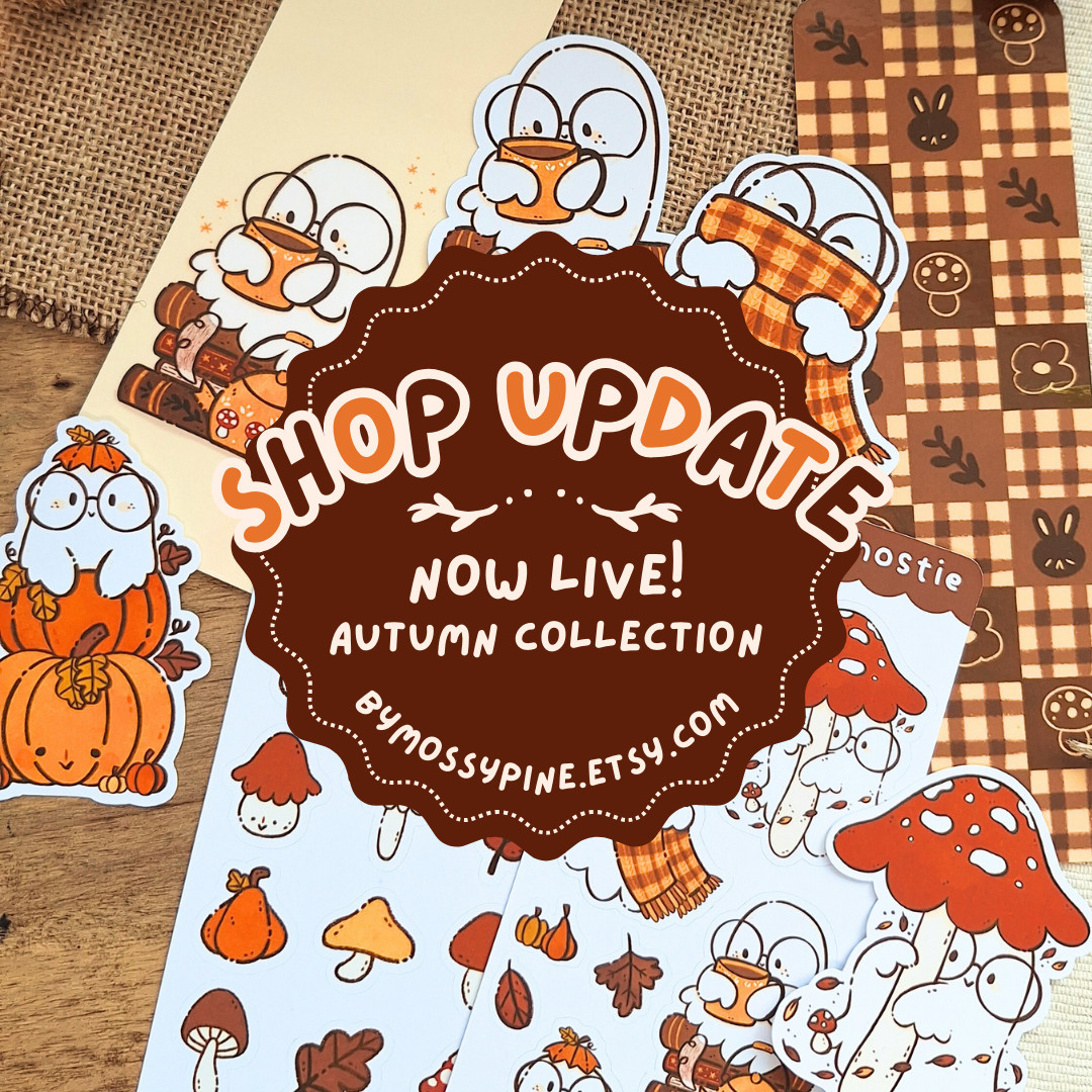 Shop update announcement for the autumn collection over on bymossypine.etsy.com! On the background is a collection of products with ghosts and autumn items!