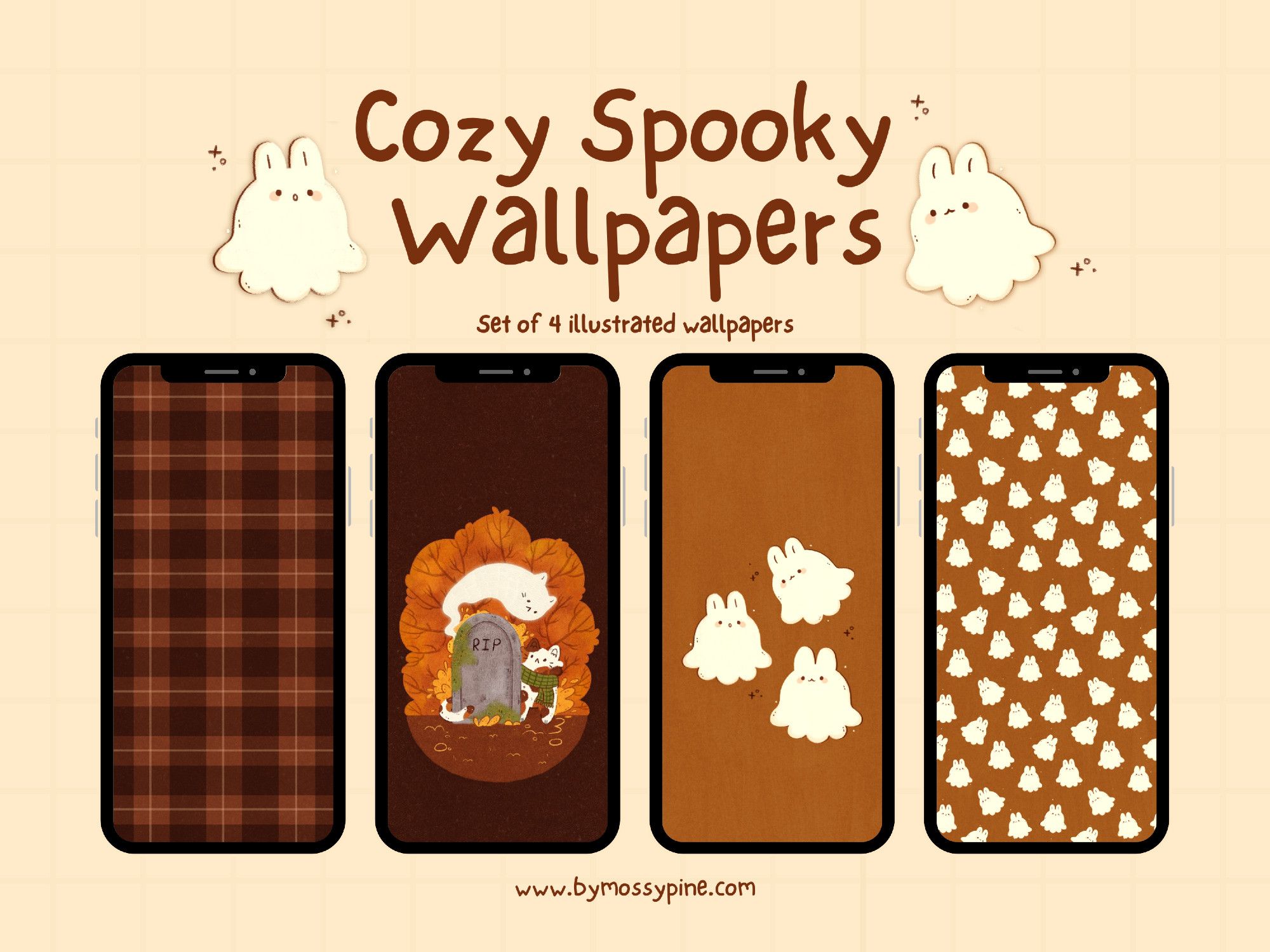 Cozy Spooky Wallpapers, set of 4 illustrated wallpapers. The wallpapers all have brown and orange as primary color. The middle two show illustrations of cute animal ghosts (cat and bunnies). The outer two wallpapers are patterns. www.bymossypine.com