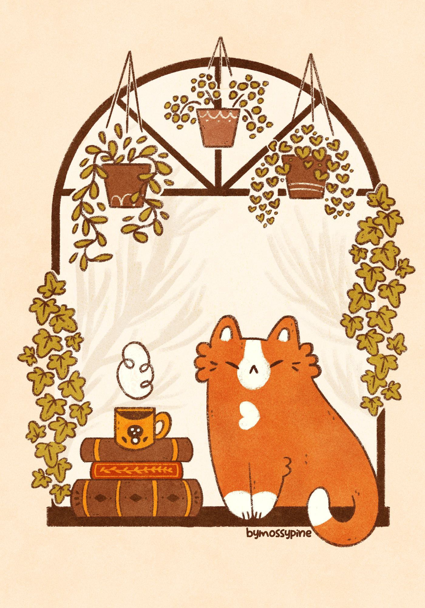 Digital illustration of an orange cat sitting in a windowsill with hanging plants, a pile of books and a cup of tea