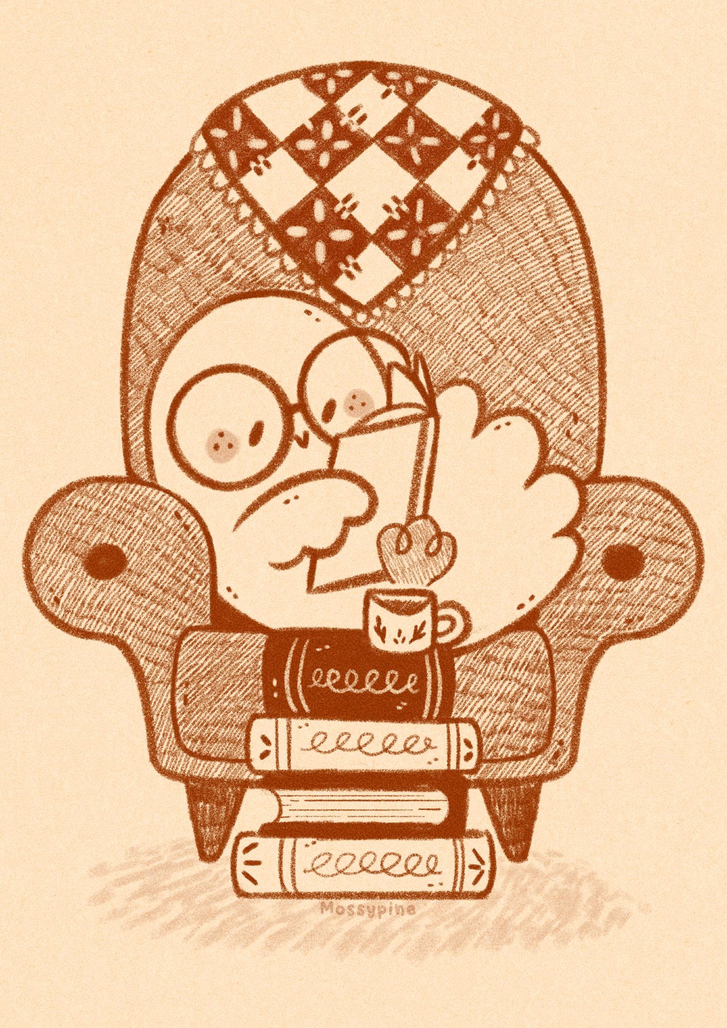 Digital illustration of a ghost sitting in a comfy chair reading a book