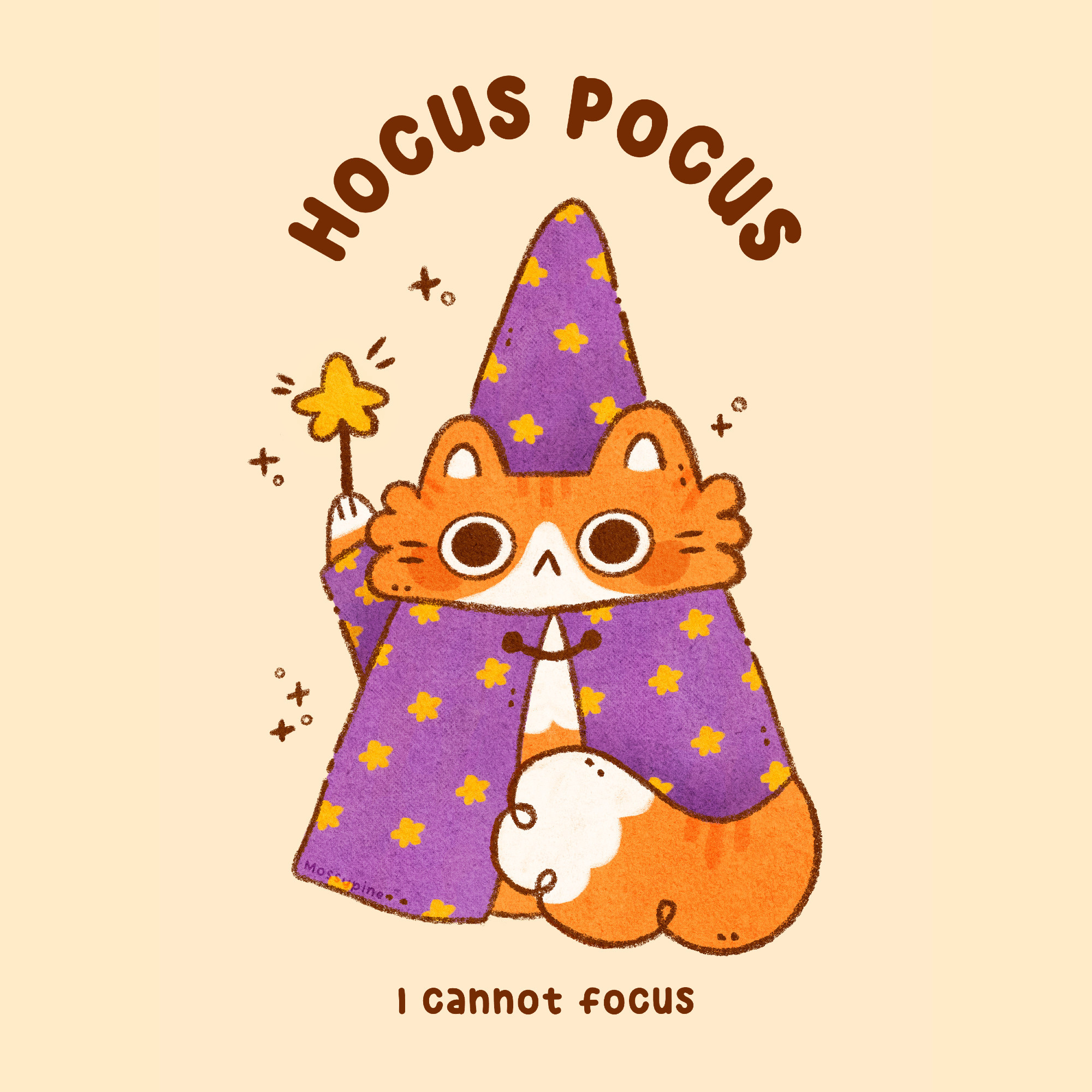 Digital illustration of an orange cat dressed in purple wizard robes with the text: hocus pocus I cannot focus