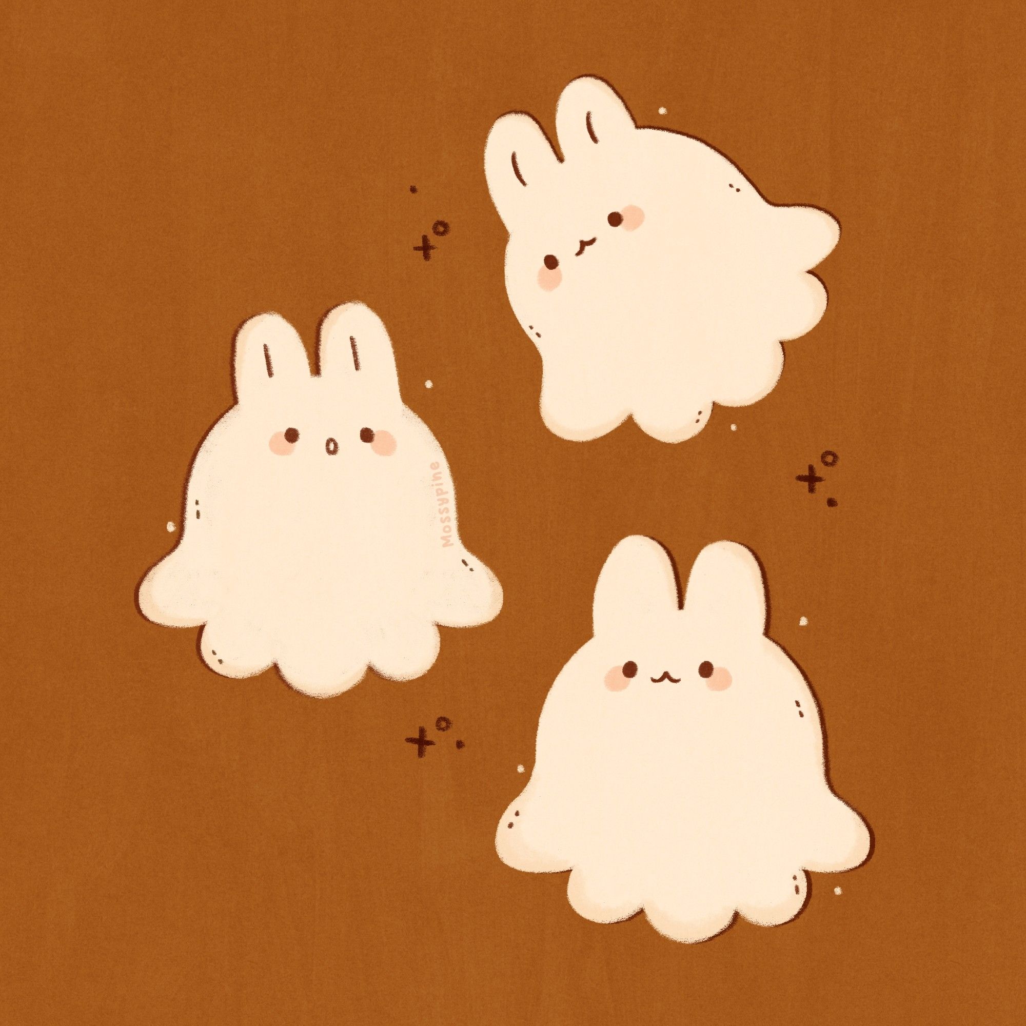 Digital illustration of three bunny ghosts in front of a brown background