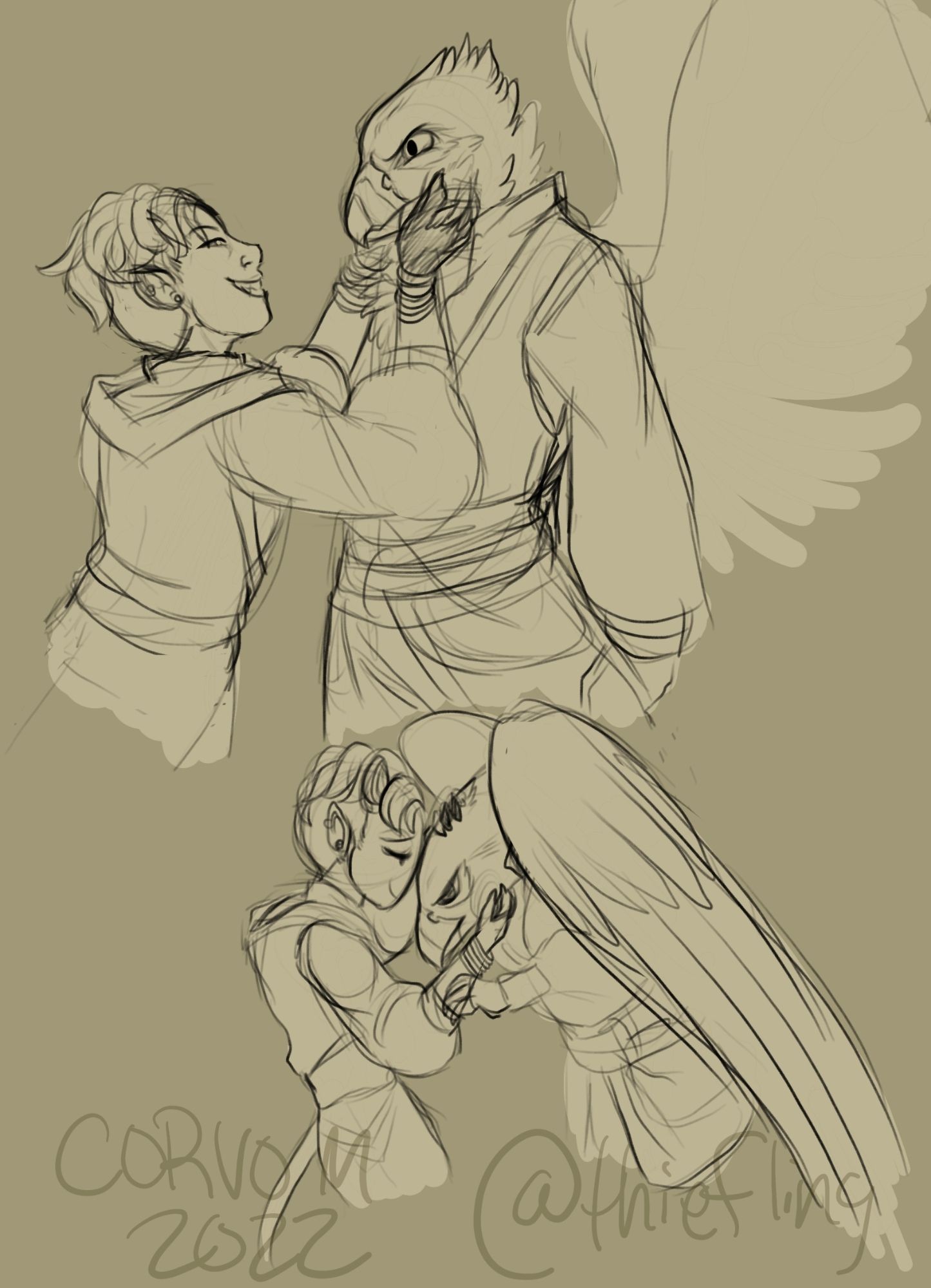 Two sketches on tan of a small tiefling interacting affectionately with an aarakocra.